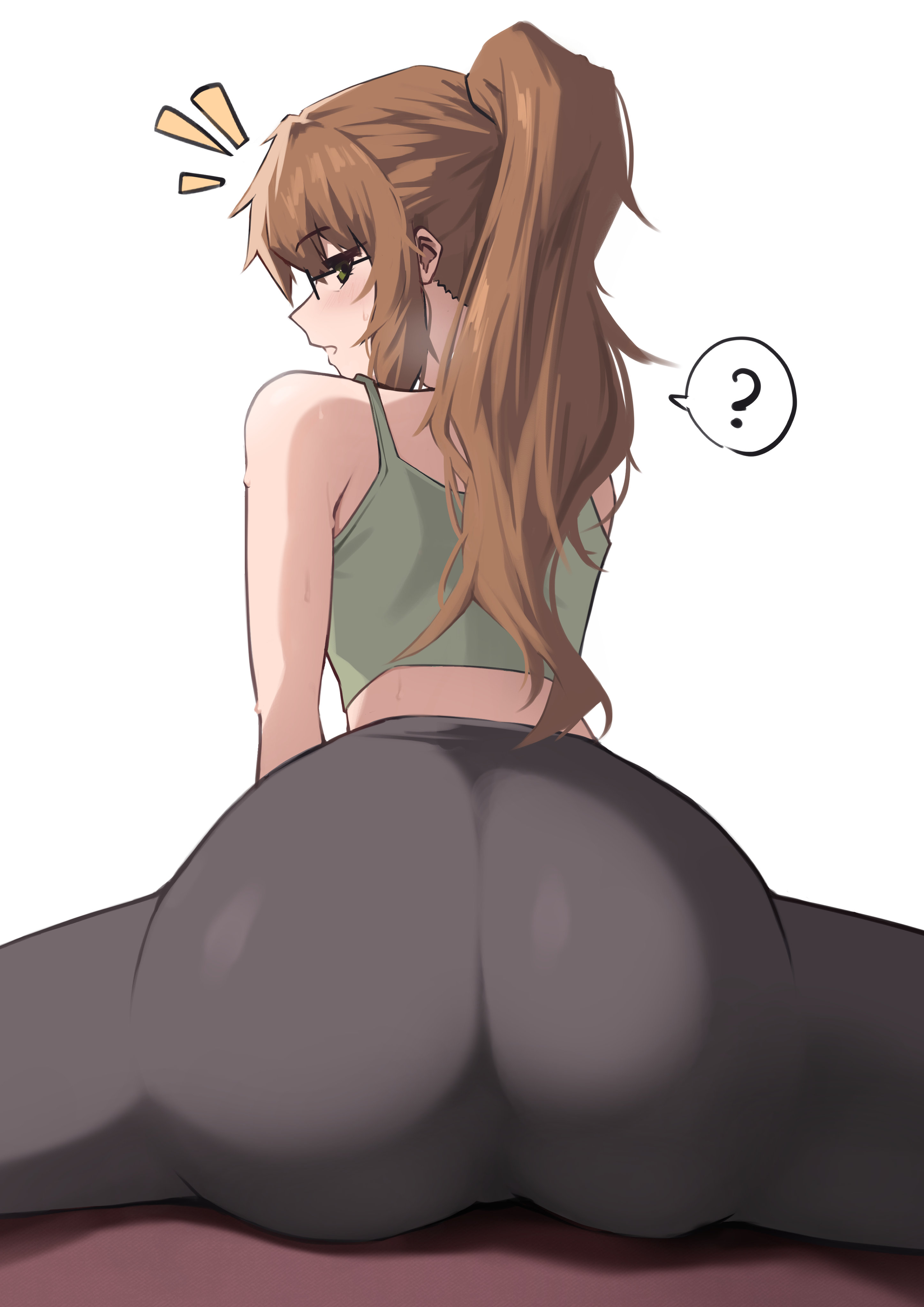 ?, absurdres, ass, ass focus, black pants, blush, brown hair, commentary, crop top, eiyuu densetsu, english commentary, female, green eyes, green tank top, highres, huge ass, kuro no kiseki (series), looking at viewer, looking back, neva (dir4ct c), pants, ponytail, spoken question mark, sweat, tank top, towa herschel, yoga, yoga mat, yoga pants