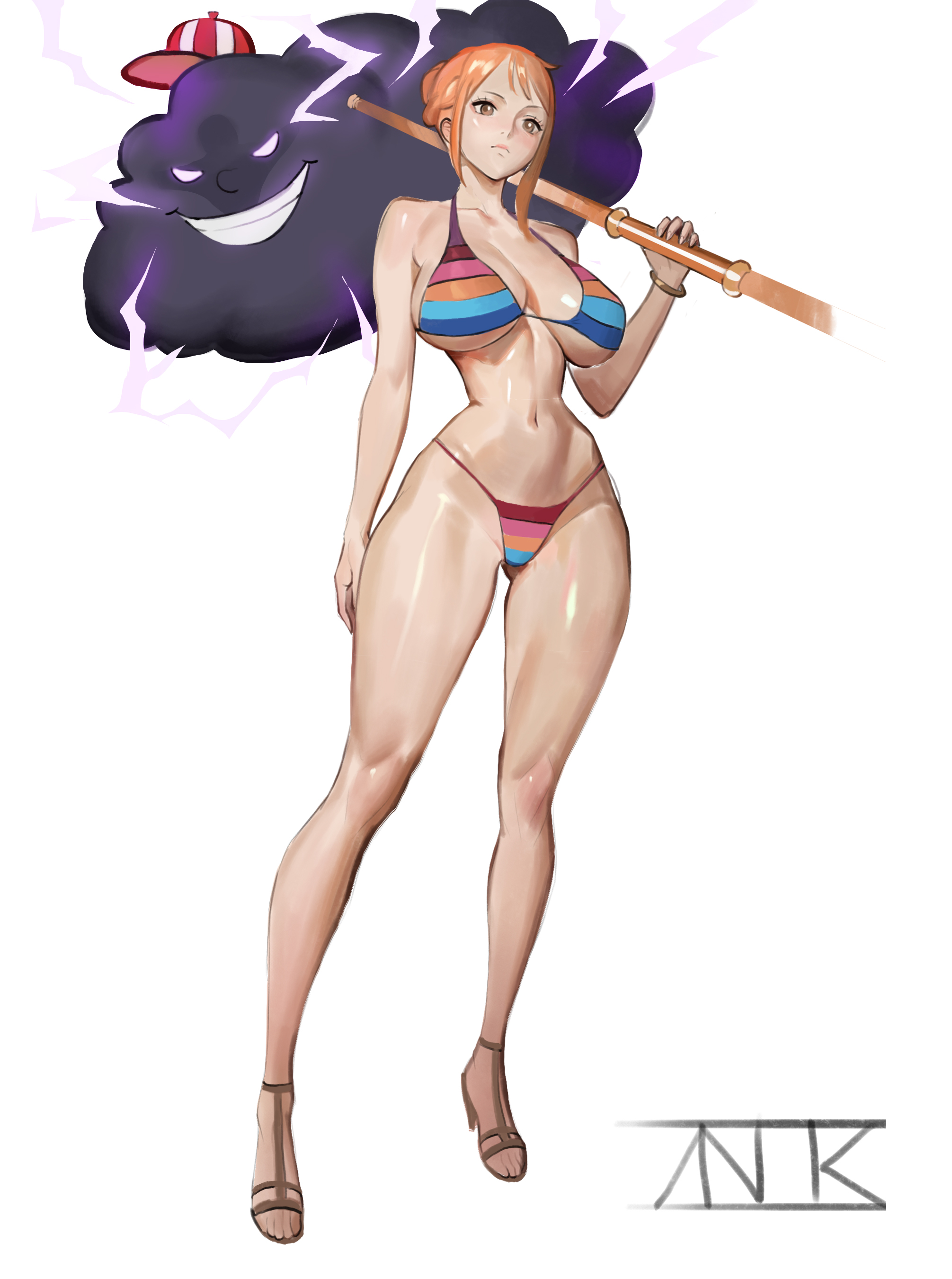 1girls, absurdres, bangle, bare legs, bare shoulders, bikini, bracelet, breasts, brown eyes, cleavage, clima-tact, closed mouth, clothing, cloud, collarbone, commentary, electricity, english commentary, evil grin, evil smile, female, female only, full body, glowing, glowing eyes, grin, halterneck, hat, high heel sandals, highres, holding, holding staff, jewelry, kimzuno5710, large breasts, legs, long hair, mini hat, multicolored bikini, nami (one piece), narrow waist, navel, official alternate costume, one piece, orange hair, orange-haired female, sandals, sidelocks, signature, simple background, smile, staff, standing, stomach, string bikini, swimsuit, thighs, white background, zeus (one piece), znor