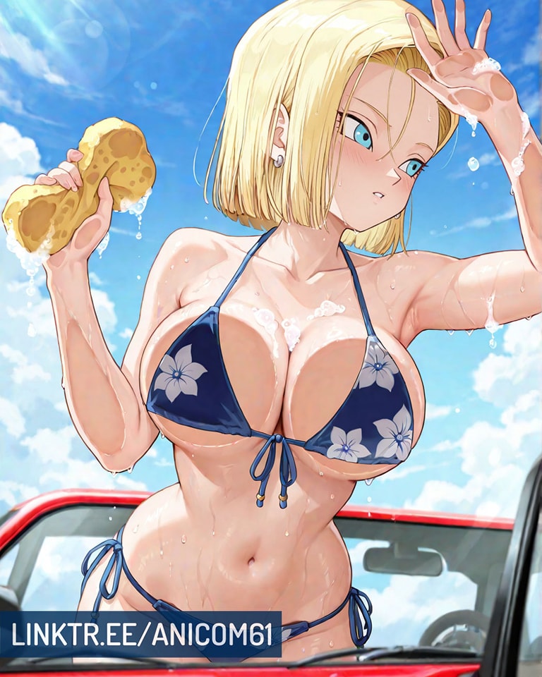 2025, ai generated, android 18, android18dx, anicom61, anime, belly, blonde eyebrows, blonde female, blonde girl, blonde-haired female, blue bikini, blue eyes, car wash, dragon ball, dragon ball super, dragon ball z, female, flower bikini, holding sponge, instagram, looking at another, manga, meta, not porn, pink cheeks, toei animation, tummy, washing car, wet bikini, wet body, wet skin, white earrings, worried for other