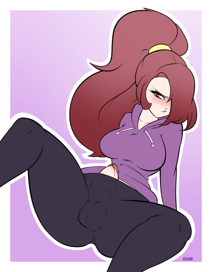 1futa, balls, big breasts, blush, breasts, bulge, cleavage, erection, erection under clothes, futa only, futanari, intersex, large breasts, looking at viewer, penis, penis under clothes, rolrae, solo, testicles