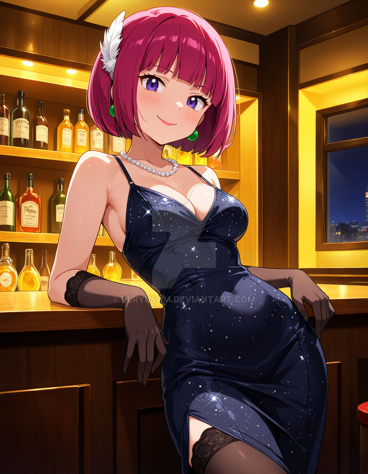 2025 4kids_entertainment ai_generated anime bar_(place) black_dress black_eyebrows black_gloves black_leggings deviantart elryusam evil_grin evil_smile eyebrows_visible_through_hair green_earrings grinning_at_viewer jessie_(pokemon) looking_at_viewer meta nintendo not_porn orange_cheeks orange_lipstick pink_hair_female pokemon purple_eyes smile_at_viewer smiling_at_viewer team_rocket vintage_clothing white_coat white_feather_hair