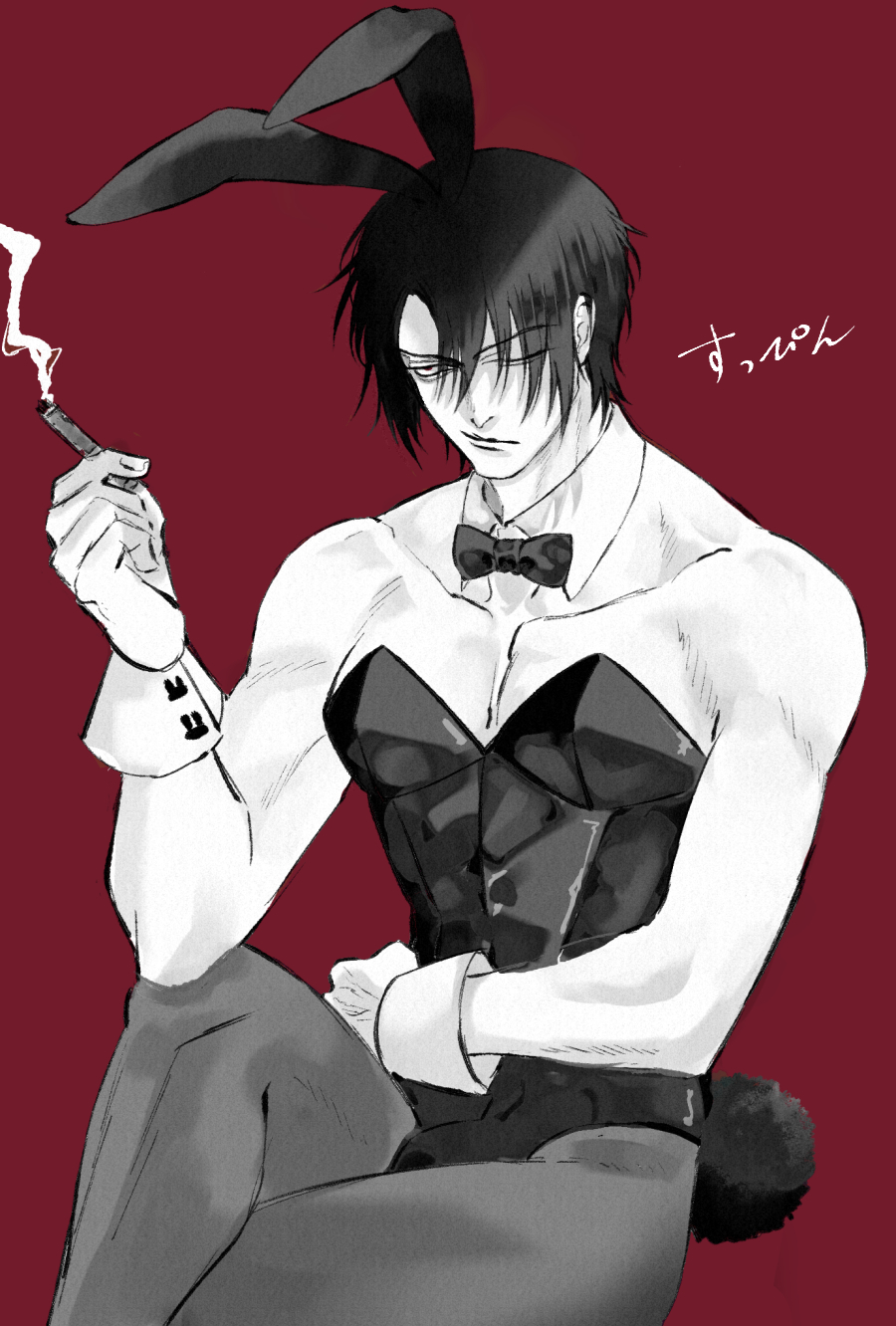 alternate_costume bowtie bulge bunny_ears bunny_tail bunnysuit cigar crossdressing crossed_legs detached_collar gintama hair_over_one_eye male male_only male_playboy_bunny masculine_crossdresser monochrome muscular muscular_male one_eye_closed pantyhose red_background sitting smoking solo takasugi_shinsuke wrist_cuffs