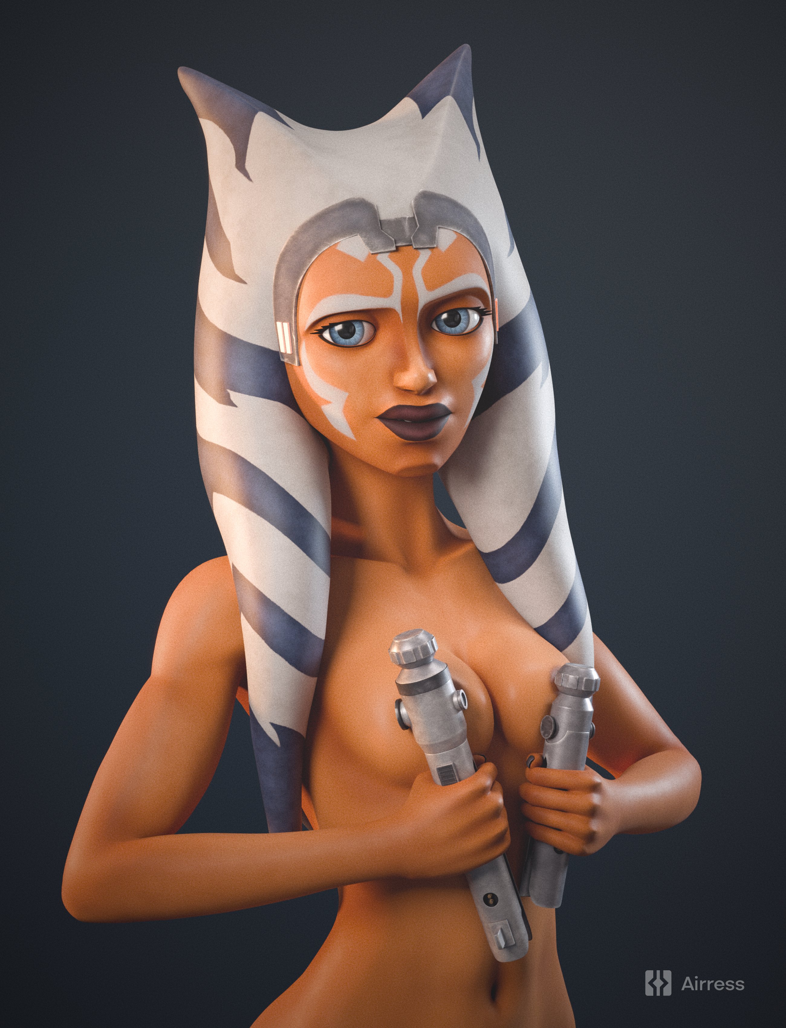 1girls, 2025, 3d, 3d (artwork), ahsoka tano, airress3d, airress3d (3d-modeller), alien, alien girl, alien humanoid, athletic, athletic female, blender, blue eyes, breasts, casual, cleavage, clone wars, covered nipples, covering breasts, dark skin, face markings, facial markings, female, hi res, highres, lekku, lekku (anatomy), lightsaber hilt, medium breasts, nude, nude female, orange body, orange skin, star wars, the clone wars: season seven, togruta, watermark, weapon
