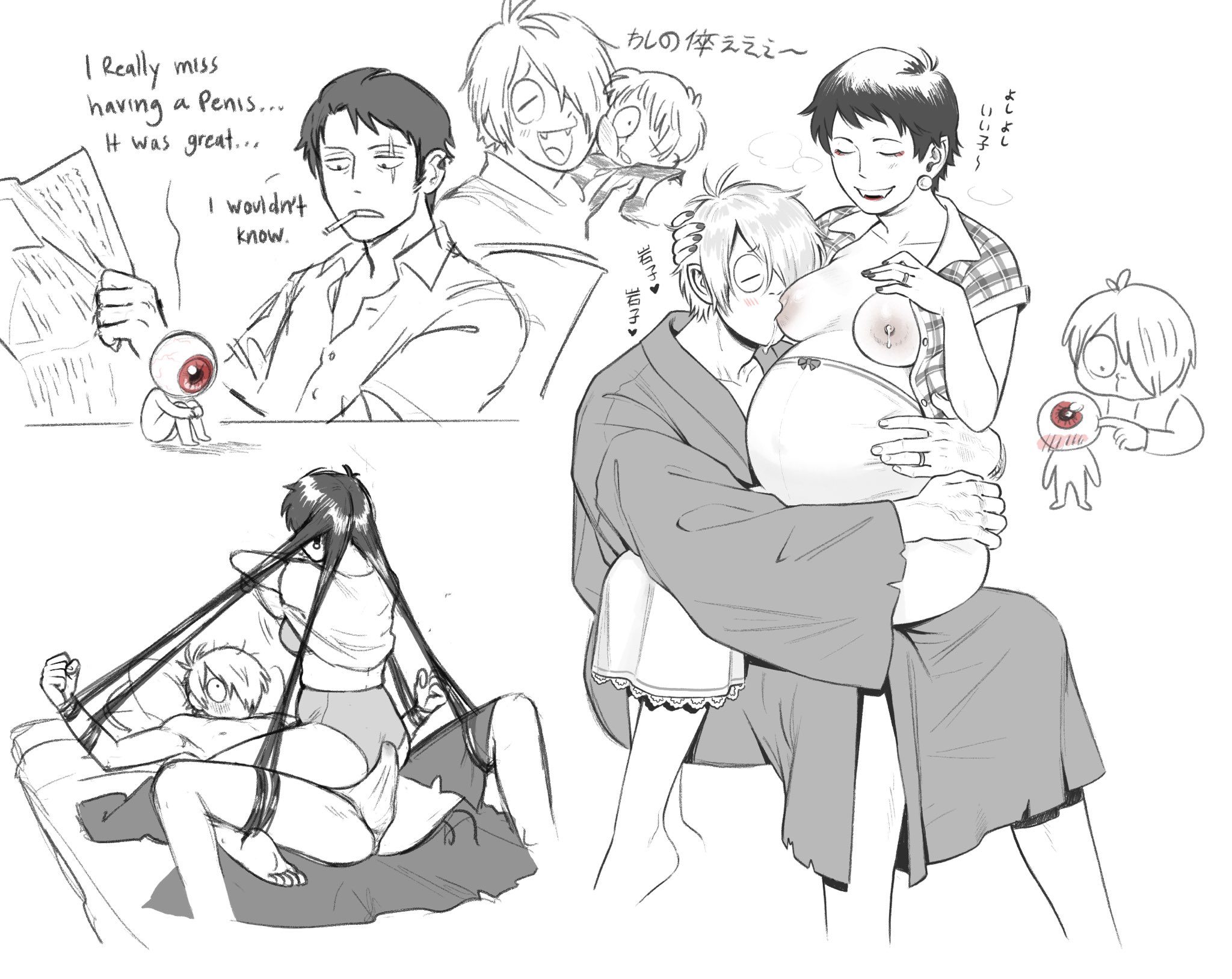 1girls, 2boys, breast sucking, breasts, bulge, canon couple, canon pregnancy, english text, erection under clothes, fangs, female, femdom, fundoshi, gegege no kitarou, hair bondage, hair over one eye, husband and wife, iwako (gegege no kitarou), japanese text, kimono, kitarou, kitarou tanjou gegege no nazo, lactation, male, malesub, married couple, maternity clothes, medama oyaji, medama oyaji (human), medium breasts, mizuki (gegege no kitarou), monochrome, multiple scenes, open shirt, pregnant, prehensile hair, restrained, short hair, sitting on lap, sitting on person, splunkydunk, spot color, very short hair, wedding ring, wholesome, youkai