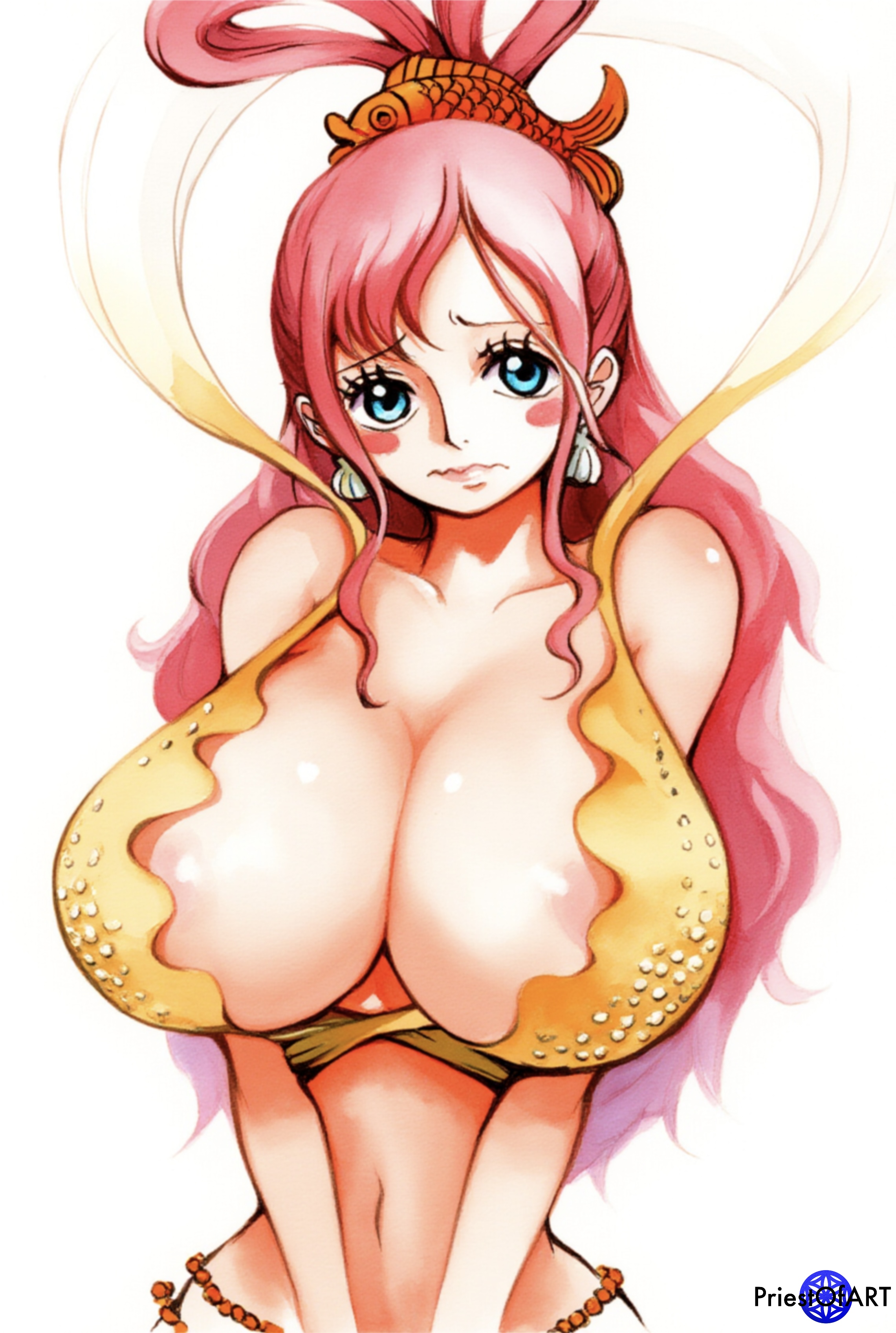 1girls, ai female, ai generated, areola slip, big breasts, blush, bra, breasts, busty, clothing, color, earrings, female, female only, huge breasts, jewelry, one piece, pink hair, pink-haired female, priestofart, shirahoshi, shirt, simple background, solo, solo female, tagme, tagme (artist), tagme (character), upper body, v arms, watercolor, watermark, wavy mouth, white background