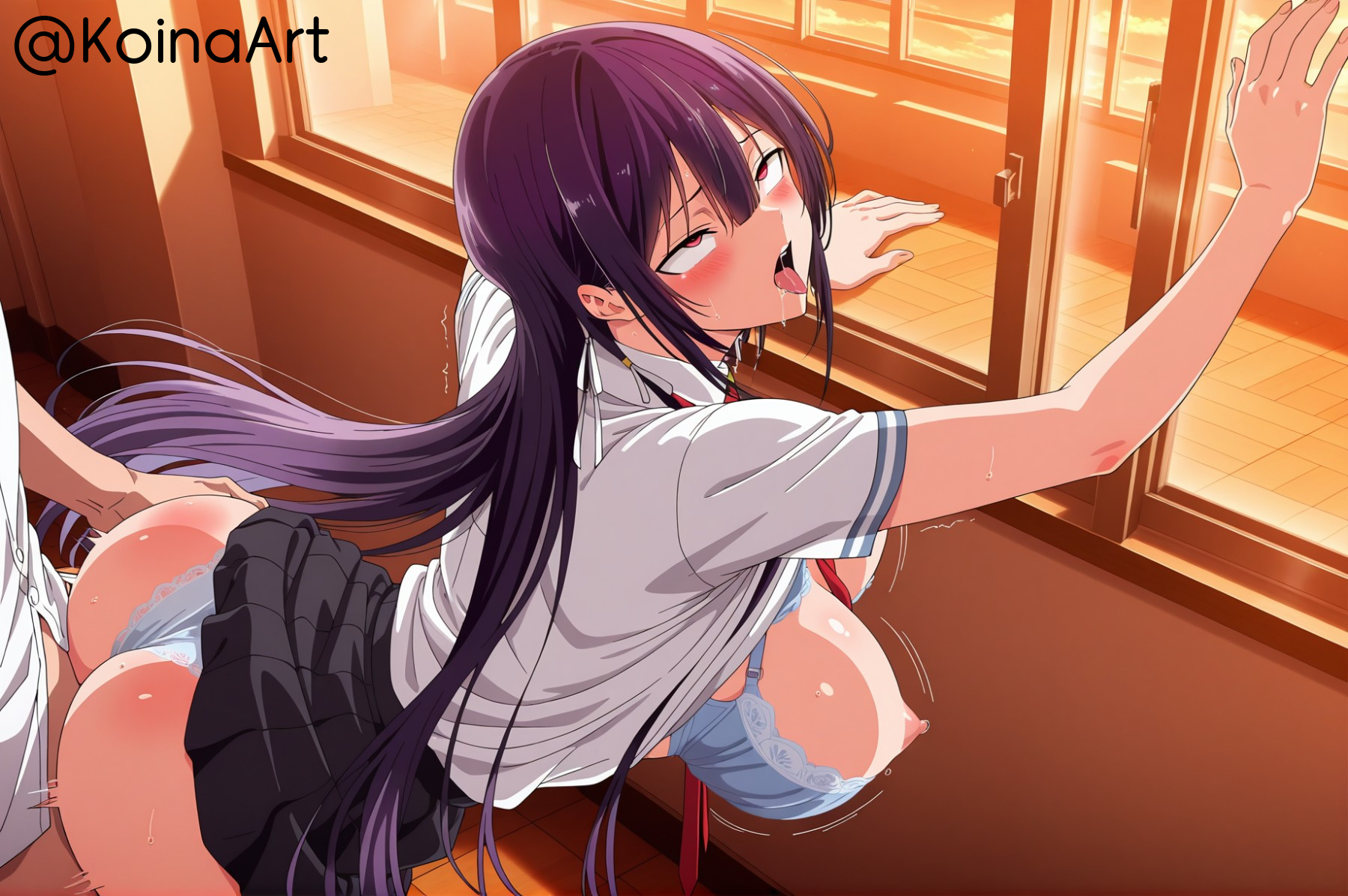 against glass, against wall, ahe gao, ai generated, ass, breasts, doggy style, embarrassed, exposed breasts, eyes rolling back, female, haitekudasai takamine-san, highres, huge breasts, koinaart, panties, patreon, perky breasts, pleated skirt, purple hair, red eyes, school uniform, sex, stable diffusion, takamine takane, thick thighs, underwear