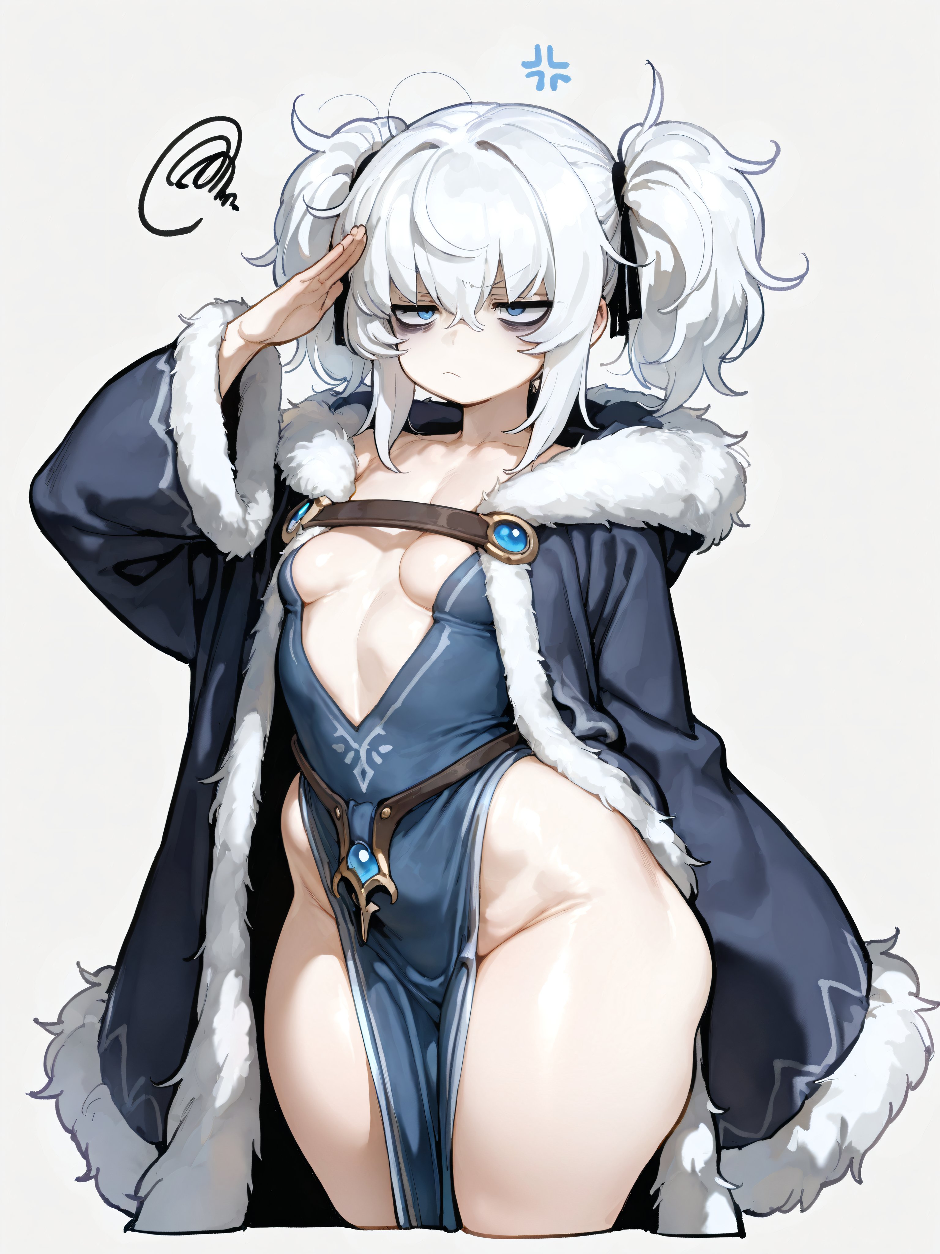 ai generated, angry, blue eyes, blue jacket, breasts, coat, eye bags, female, flat chest, oatmealdood, pigtails, salute, sideboob, thick thighs, white hair