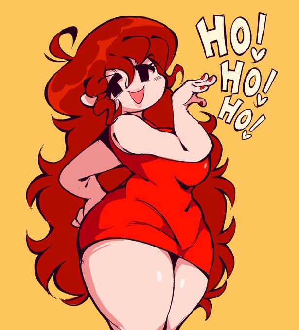 1girls, animation sensation, auburn hair, female, friday night funkin, girlfriend (friday night funkin), laughing, looking at viewer, mob face, ojou-sama pose, red dress, tagme, thick thighs, wide hips