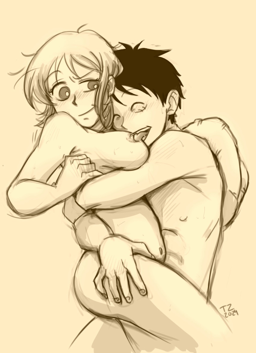 1boy, 1girls, ass, big ass, big breasts, breast lick, breasts, female, licking, licking breast, licking nipples, line art, love, male, monkey d luffy, nami (classic), nami (one piece), one piece, oral, sex, short hair, smile, thick thighs, zantinaa