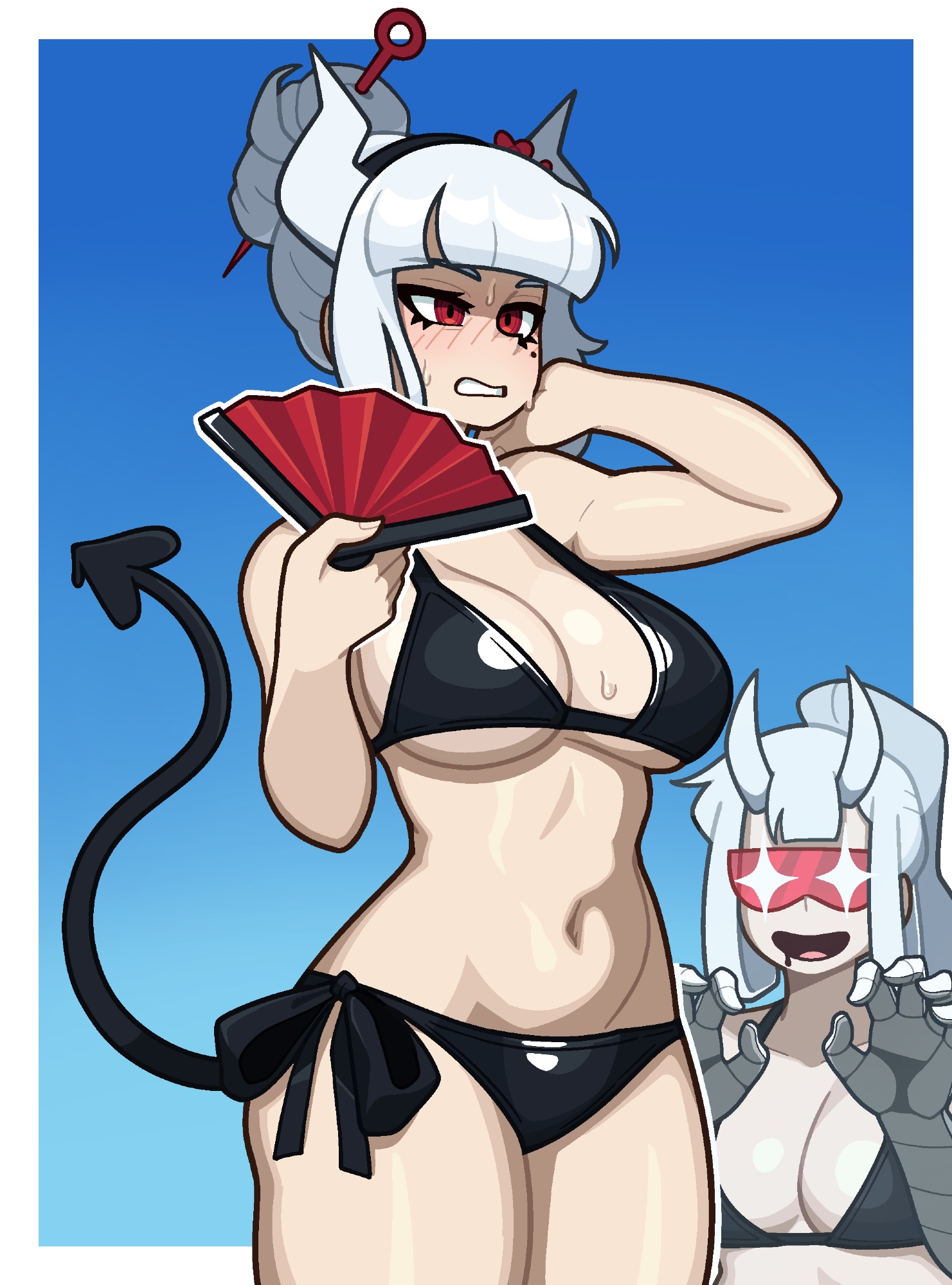 + +, 2demons, 2girls, bikini, black bikini, black bra, black hairband, blue background, blunt bangs, blush, border, bra, breasts, claw pose, clenched teeth, commentary, demon, demon girl, demon girls, demon horns, demon tail, demons, drooling, english commentary, female, female only, fingernails, gloves, hair bun, hair ornament, hairband, hairpin, hand fan, helltaker, highres, holding, holding fan, horns, large breasts, loremaster (helltaker), lucifer (helltaker), makeup, mascara, medium breasts, medium hair, midriff, mole, mole under eye, muds, multiple females, multiple girls, navel, nose blush, open mouth, pale skin, partially shaded face, ponytail, red eyes, red-tinted eyewear, shiny clothes, sidelocks, simple background, smile, solo focus, sunglasses, sweatdrop, swimsuit, tail, teeth, tinted eyewear, underwear, upper body, white border, white gloves, white hair
