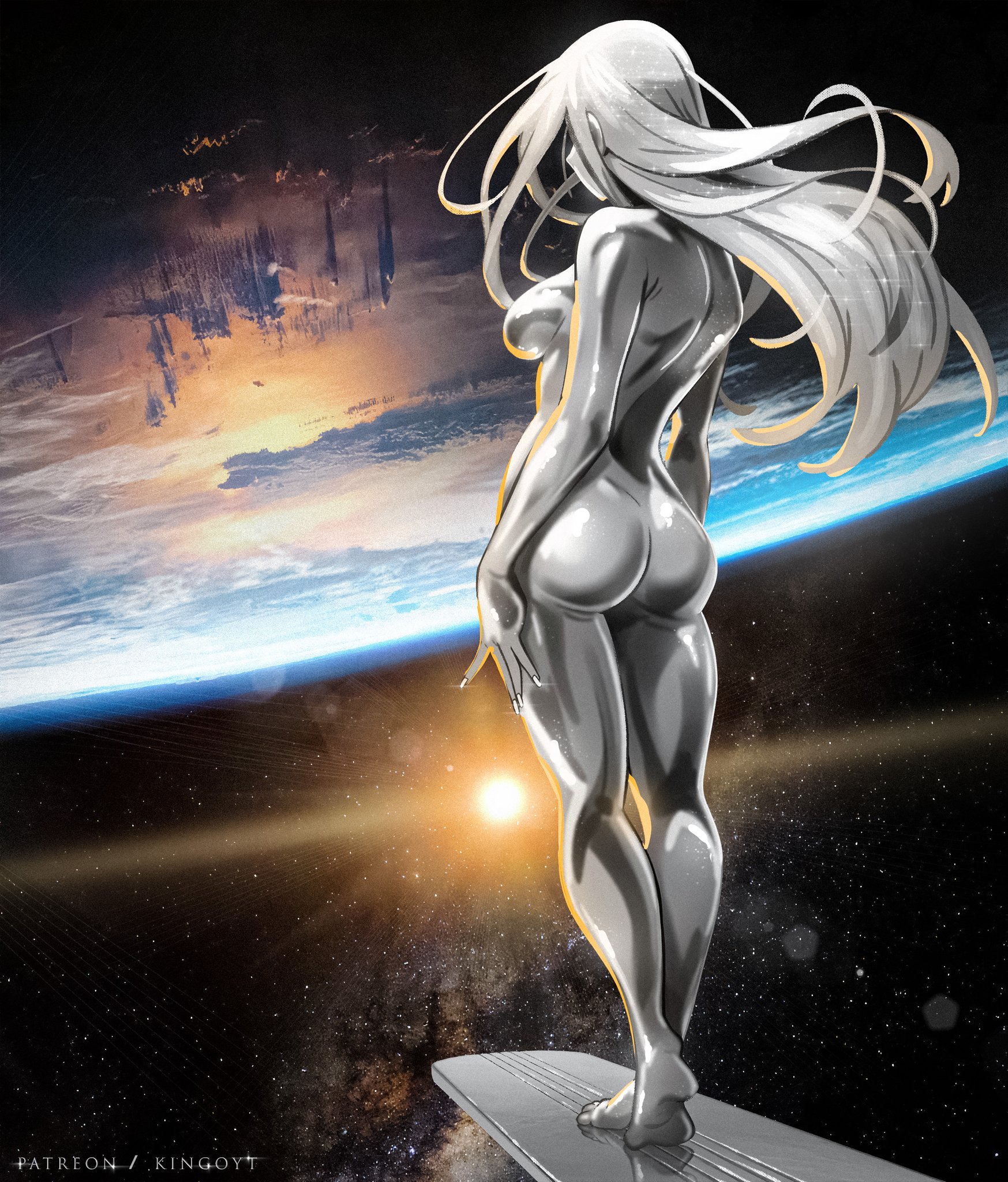 ass, ass focus, backview, breasts, butt focus, casual, fantastic four, fantastic four: first steps, feet, female, long, long hair, marvel, marvel cinematic universe, marvel comics, nudist, shalla-bal, shameless, sideboob, silver surfer, silver surfer (shalla-bal), slim waist, stepkingo