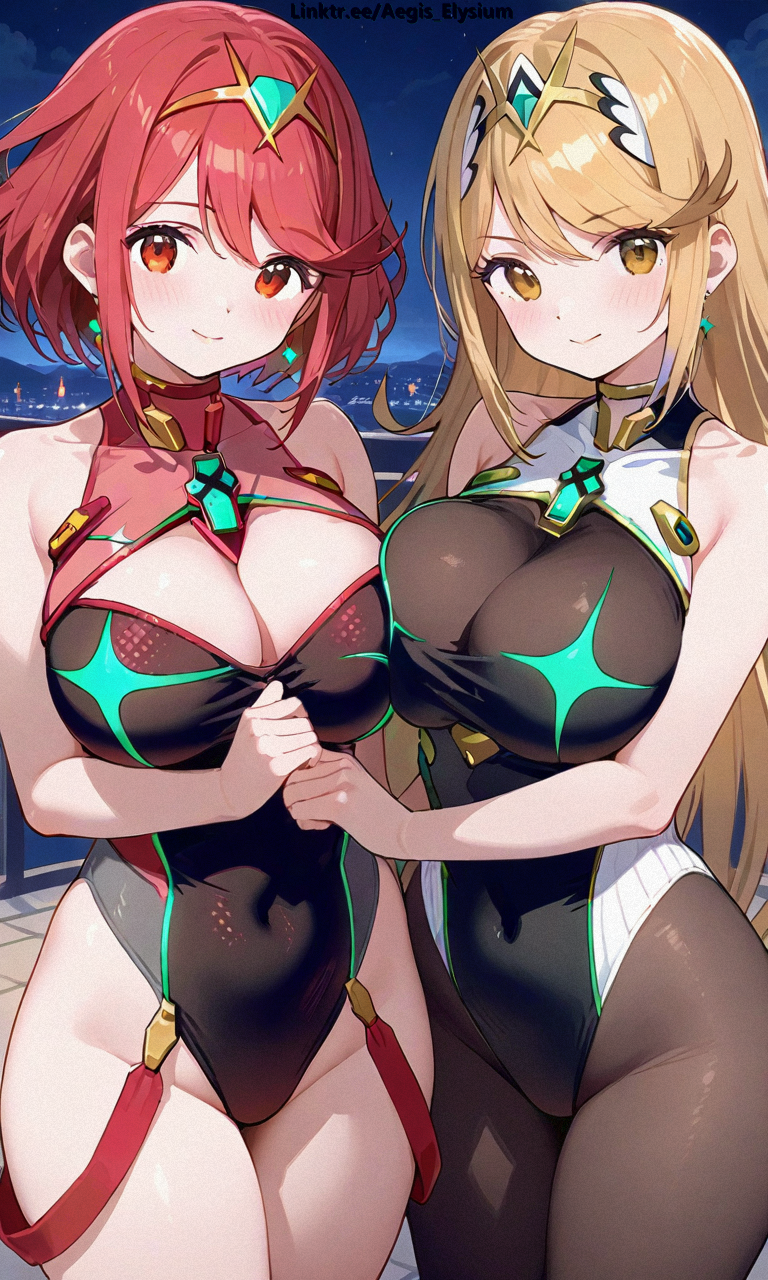 2girls aegis_elysium ai_art ai_assisted ai_generated blush breasts breasts_bigger_than_head breasts_pressed_together cityscape cleavage cloud clouds core_crystal dress duo_focus earrings edited elbow_gloves female female_focus garter_straps gem gloves grabbing_breast grabbing_breasts hair_ornament headpiece highleg highleg_leotard highres hot huge_breasts jewelry large_breasts leotard long_hair looking_at_viewer mythra mythra_(xenoblade) navel night night_sky nintendo outdoors party party_dress pressing_breasts pressing_breasts_together pyra pyra_(xenoblade) red_eyes sexy smile smiling smiling_at_viewer standing starry_sky stars swept_bangs thick thick_thighs thighhighs thighs tiara touching_breast touching_breasts turtleneck_leotard very_long_hair water watermark xenoblade_(series) xenoblade_chronicles_(series) xenoblade_chronicles_2 yellow_eyes