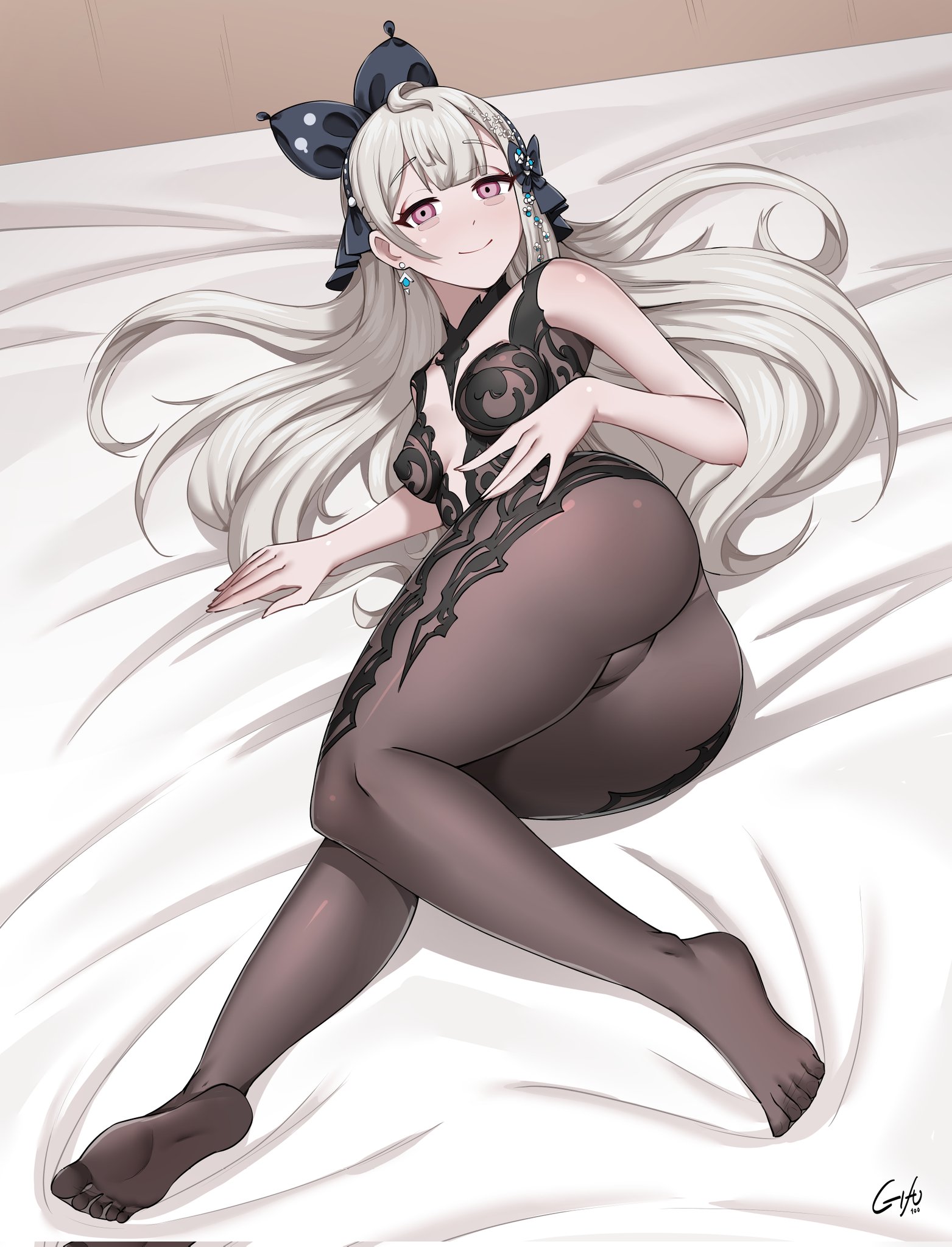 1girls, ass, ass focus, bare arms, bare shoulders, big ass, big butt, black outfit, black pantyhose, breasts, butt focus, clothed, clothed female, earrings, exposed arms, exposed shoulders, eyebags, feet visible through clothing, female, gifu 100, hair accessory, hair ribbon, hi res, highres, laying down, laying on bed, light gray hair, looking at viewer, nijisanji, nijisanji en, pantyhose, purple eyes, reimu endou, round ass, round butt, showing ass, showing off, small breasts, smile, smiling, smiling at viewer, solo, solo female, solo focus, tight clothing, virtual youtuber, white hair