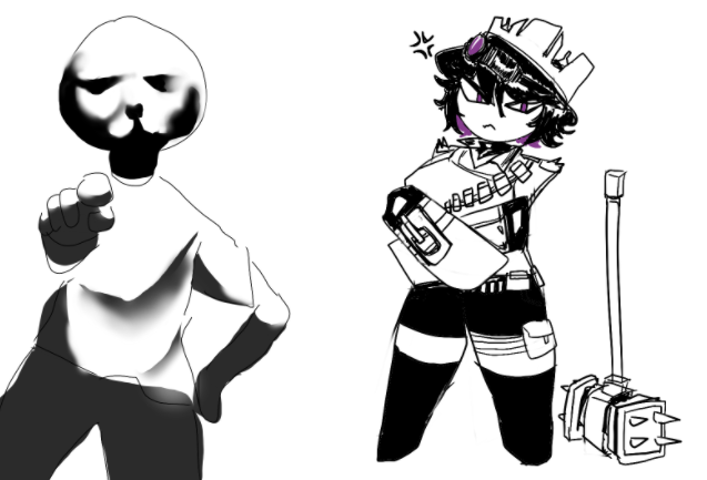1boy 1girls 2024 anger_vein aschazm black_hair black_shorts black_thighhighs breasts clothed clothing crossed_arms crown decaying_winter gloves hand_on_hip looking_at_viewer lowres night_vision_goggles partially_colored pointing pointing_at_viewer pouch purple-tinted_eyewear purple_eyes purple_highlights roblox roblox_game robloxian shitpost short_hair shorts sledge_queen sledgehammer standing thighhighs thighs vest weapon