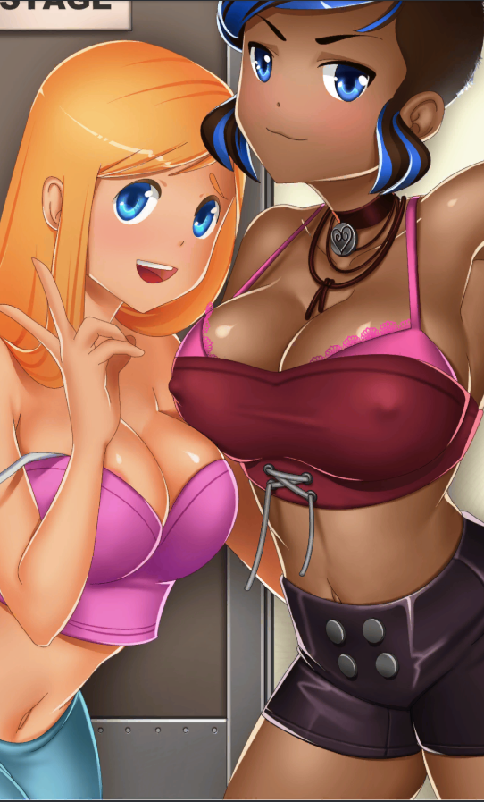 2girls areola_slip areolae artist_request bare_shoulders big_breasts blonde_hair blue_eyes bra breast_focus breasts brown_hair chocolate_and_vanilla clavicle cleavage closed_mouth dark-skinned_female dark_skin earrings erect_nipples erect_nipples_under_clothes human human_only large_breasts light-skinned_female light_skin long_hair midriff multiple_females multiple_girls navel necklace nipples off_shoulder open_mouth partially_visible_nipples pink_bra rock_star short_hair shoulders smile v white_skin