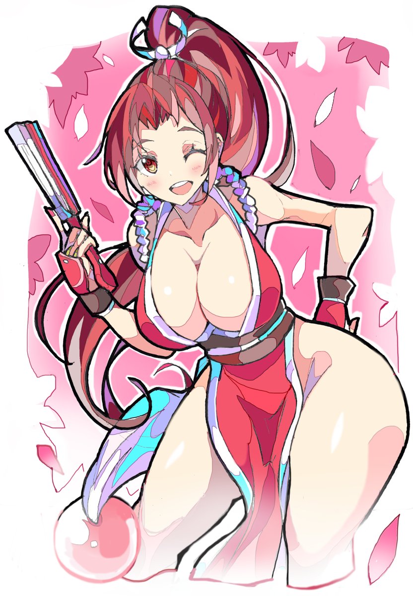 1girls ass big_breasts blush breasts brown_hair cleavage clothed clothing enpe fan fatal_fury female high_ponytail king_of_fighters kunoichi mai_shiranui ninja ponytail sleeveless_dress snk solo