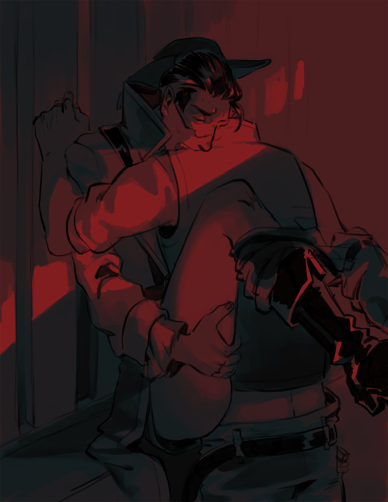 against wall, age difference, anal, anal sex, biting, boots without bottomwear, bottomless male, clothed sex, dramatic lighting, earmuffsro, fangs, gay, gay sex, glasses, halloween, holding legs up, horror, implied sex, male, medic (team fortress 2), pants down, scary, shoulder bite, sniper (team fortress 2), spreading legs, sweat, team fortress 2, vampire, wall sex, yaoi, younger penetrating older