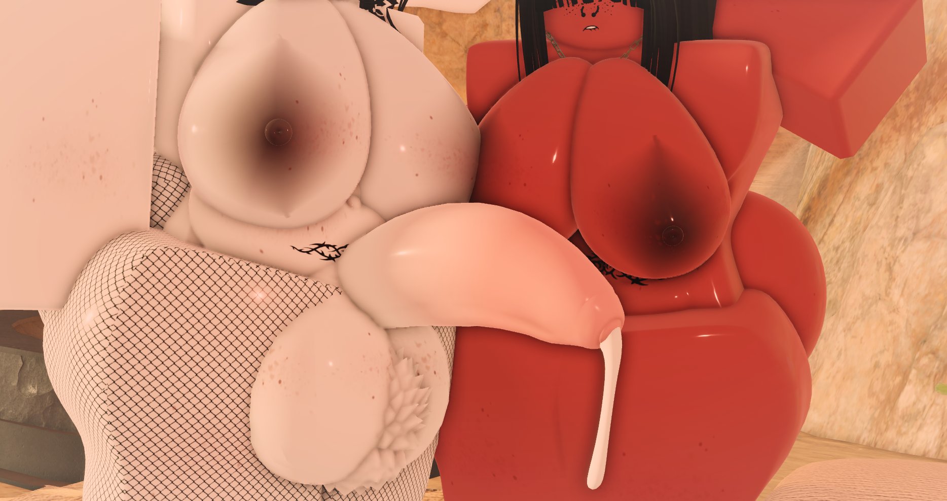 1futa, 1girls, 3d, areolae, balls, big, big balls, breasts, chubby, cum, dark-skinned female, female, fishnets, foreskin, futa on female, futanari, hecahhte, huge breasts, huge cock, intersex, leaking cum, light-skinned futa, nipples, outdoors, penis, pubic hair, pubic tattoo, roblox, robloxian, saeko sokyo, tattoo, uncircumcised
