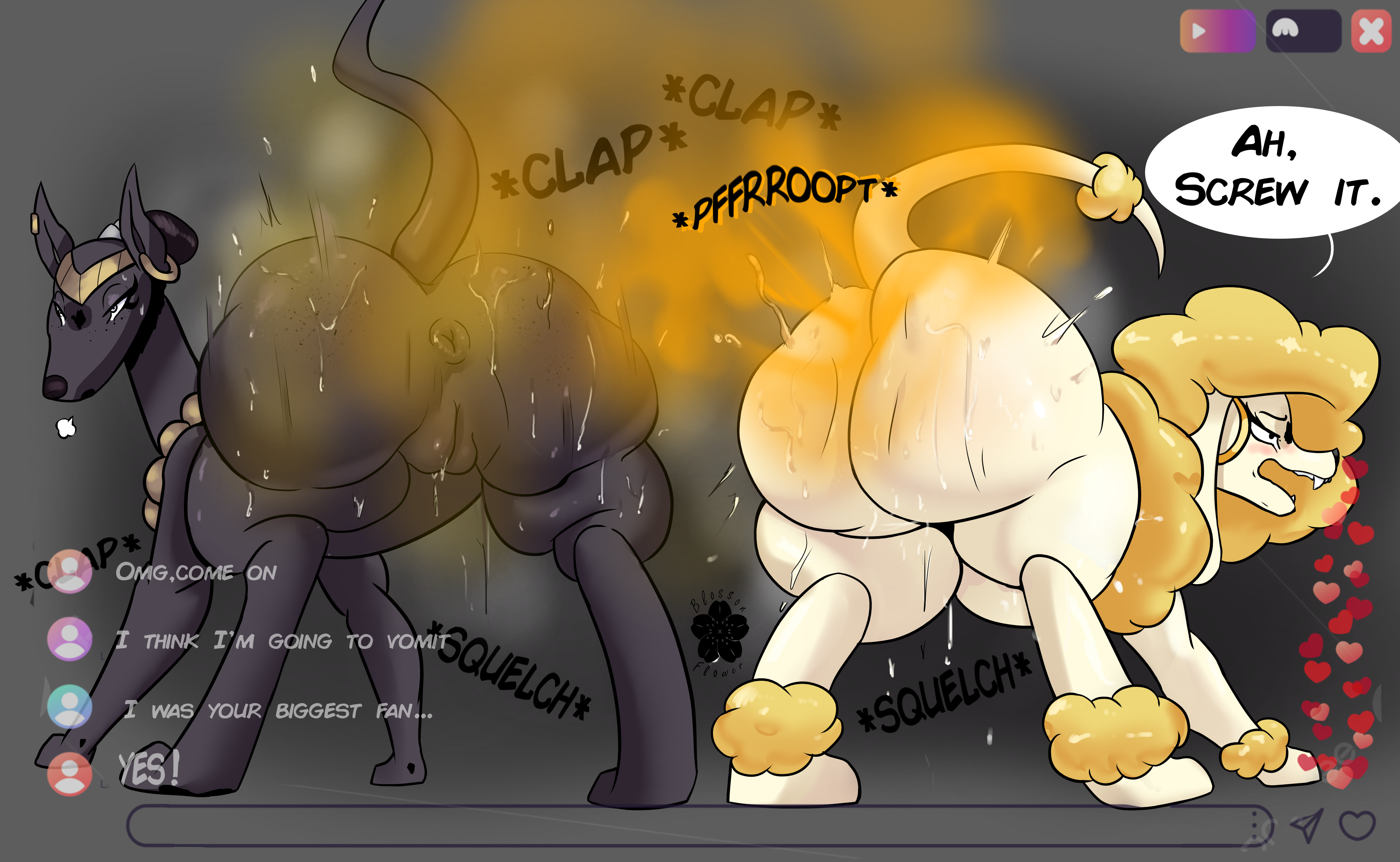 absurd res, anus, ass, big ass, big butt, blossonflower, bodily fluids, britni pike (existimatio3), canid, canine, canis, domestic dog, duo, fart, fart fetish, female, feral, feral only, genitals, heba (blossonflower), hi res, huge ass, huge butt, livestream, mammal, pussy, sweat, sweaty ass, sweaty butt, twerking