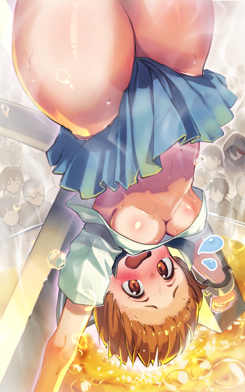 blue_skirt blush bondage bound breasts brown_eyes brown_hair cuffs damsel_in_distress female female_only femsub hairline helpless highres kill_la_kill kneehighs life_is_pi loafers mankanshoku_mako navel no_bra non-web_source restrained saint_andrew's_cross school_uniform serafuku shackles short_hair skirt solo stationary_restraints stitched studio_trigger sweat teeth underboob unhappy_female upside-down utter_domination x_cross x_frame