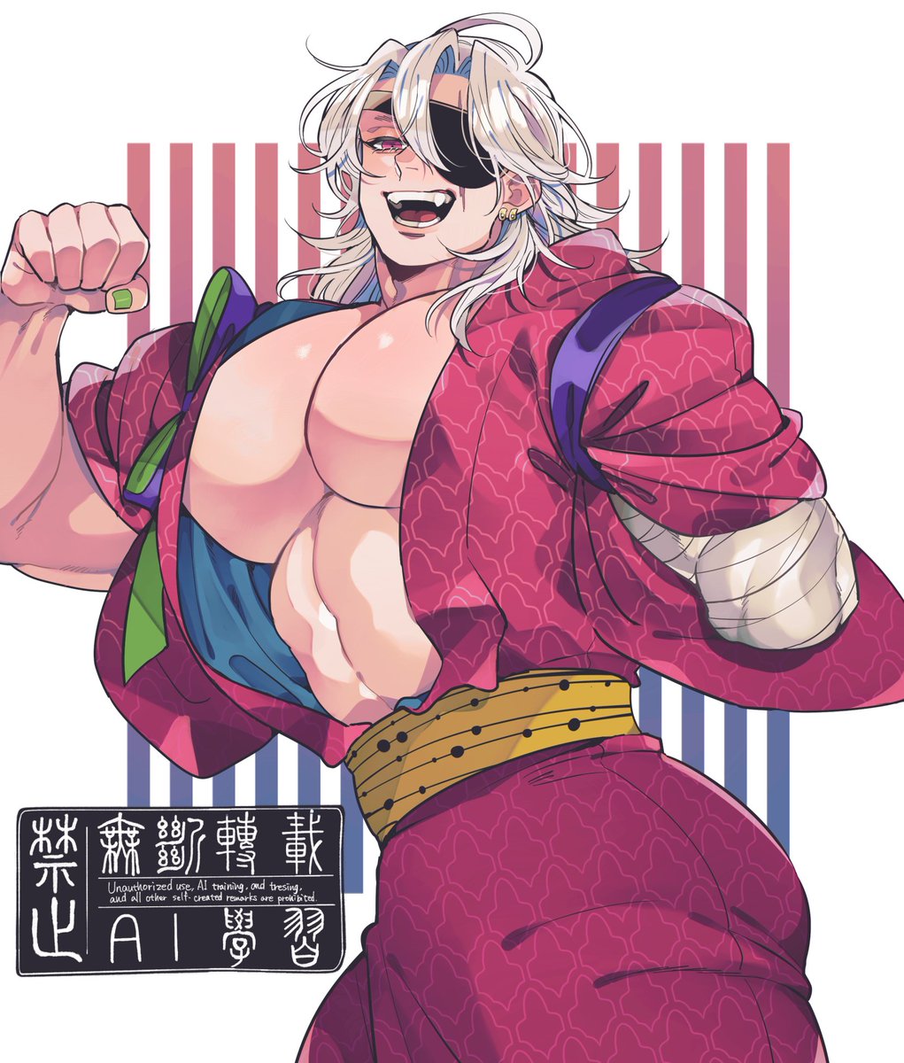amputated_arm amputee bandages bara big_pecs cleavage demon_slayer earrings eye_patch fangs hair_down huge_pecs japanese_clothes kimetsu_no_yaiba kimono kyu_717 long_hair_male male male_only muscular muscular_male open_mouth pecs pectoral_cleavage pink_eyes smile solo uzui_tengen white_hair