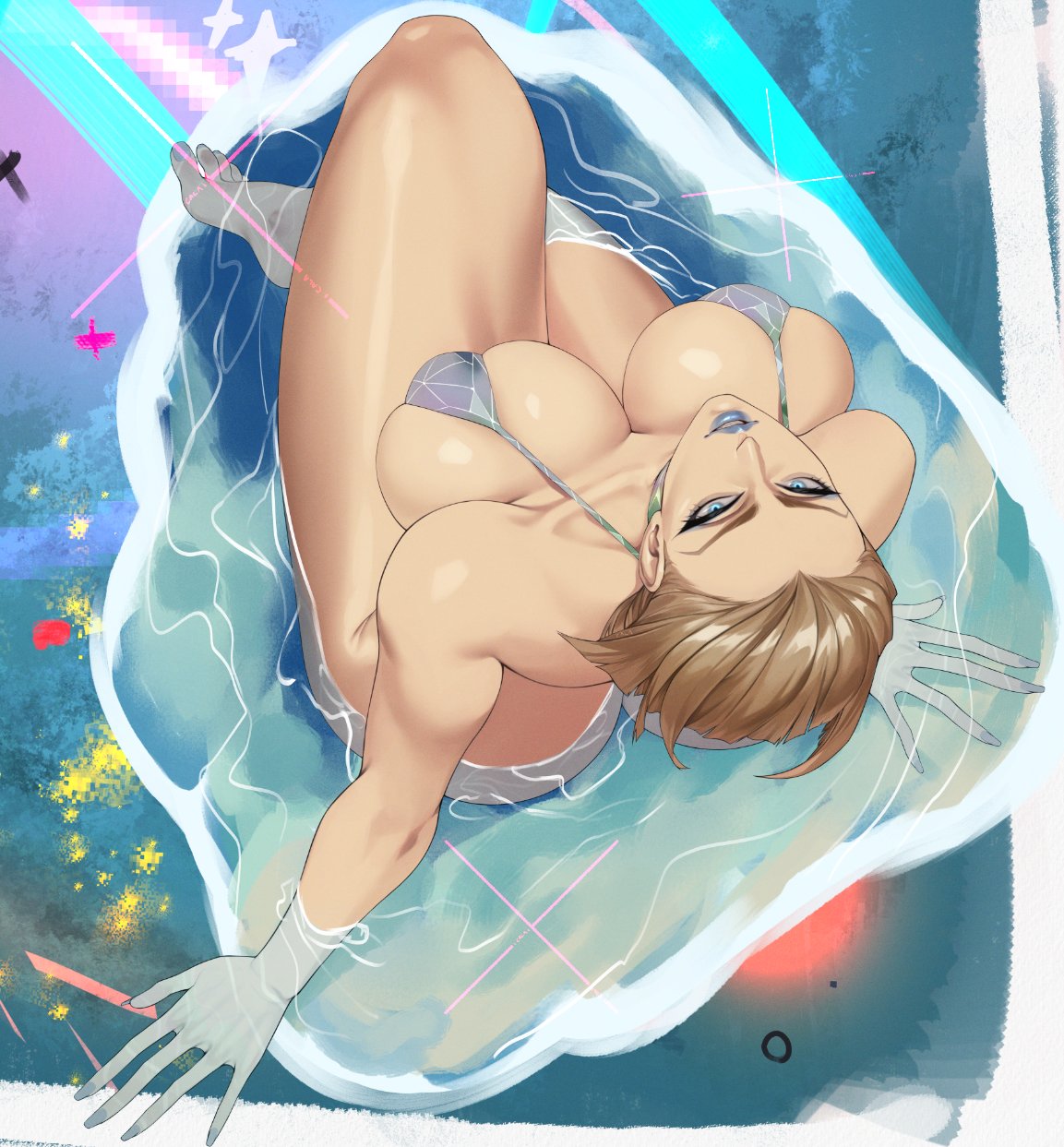 1girls above_view alternate_hairstyle ass big_breasts bikini blonde_eyebrows blonde_female blonde_hair blue_lipstick blue_nails breasts calad_g caucasian caucasian_female crossed_legs crossed_legs_(sitting) detailed_background emma_frost emma_frost_(marvel_rivals) female female_focus female_only foot half-closed_eyes high-angle_view large_breasts legs_together light-skinned_female light_skin long_nails looking_at_viewer looking_up marvel marvel_rivals sitting slightly_open_mouth smile smiling smiling_at_viewer solo thick_legs thick_thighs thighs viewed_from_above wet wet_hair