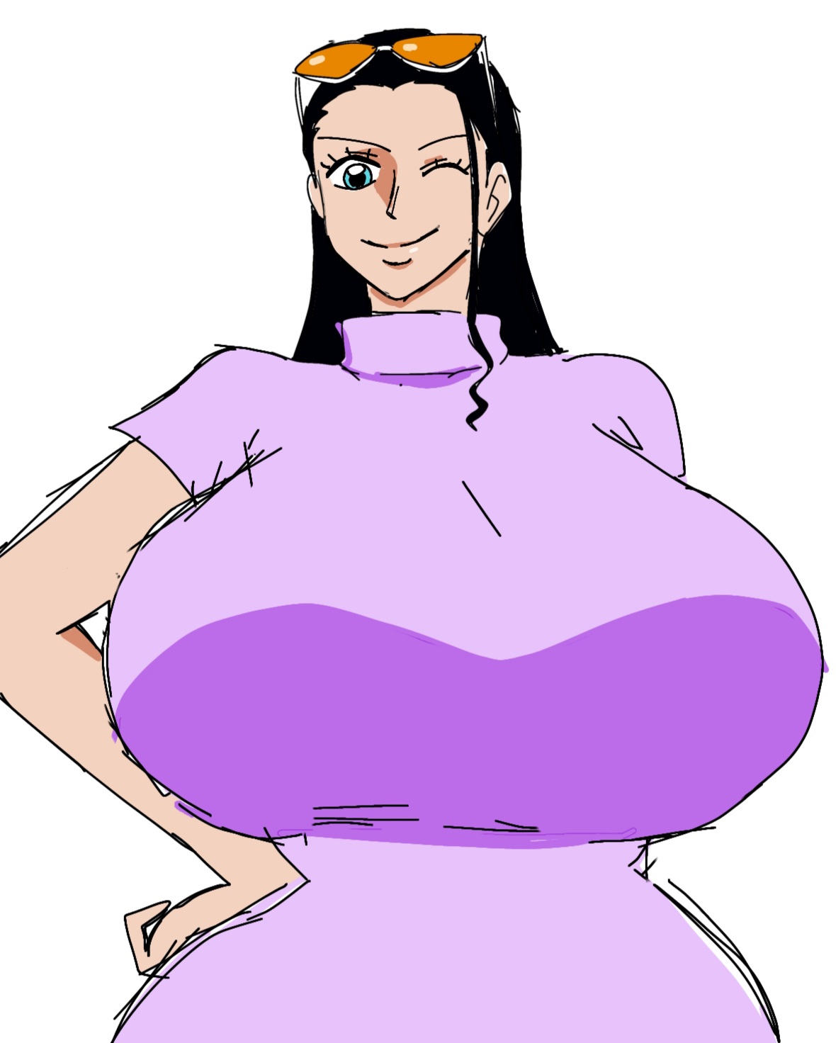 1girls, 2d, 2d (artwork), alternate body type, alternate breast size, big breasts, black hair, black-haired female, blue eyes, blue-eyed female, breasts, breasts bigger than head, busty, busty female, curvy, curvy body, curvy female, curvy figure, digital drawing (artwork), digital media (artwork), female, female focus, female only, hand on hip, huge breasts, kissable lips, large breasts, light skin, light-skinned female, lips, long hair, long-haired female, mature, mature woman, momiji (artist), nico robin, one piece, pirate, pirate girl, russian, russian female, simple background, smile, smiling, smiling at viewer, solo, solo female, solo focus, sunglasses, sunglasses on head, upper body, white background, wink, winking, winking at viewer