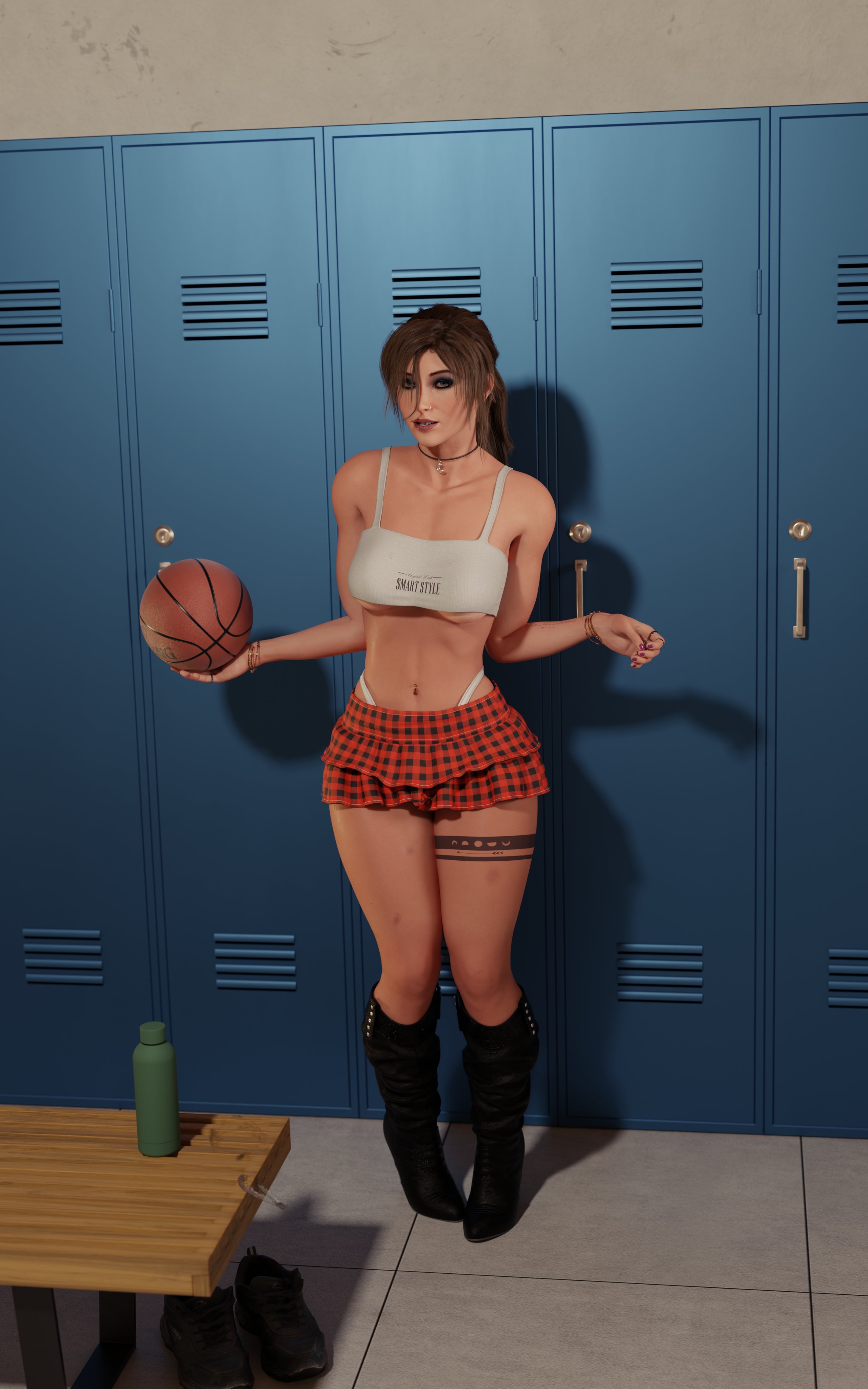1girls, 3d, basketball, big breasts, blue eyes, breasts, brown hair, busty, choker, eyeshadow, female, female only, hi res, hourglass figure, human, lara croft, lara croft (survivor), large breasts, light skin, light-skinned female, lipstick, locker room, long hair, looking at viewer, makeup, miniskirt, nail polish, navel piercing, nose piercing, ponytail, revealing clothes, short skirt, sicipo6908, skimpy clothes, skirt, standing, tagme, tattoo, thong, thong straps, tomb raider, tomb raider (survivor), underboob, wide hips