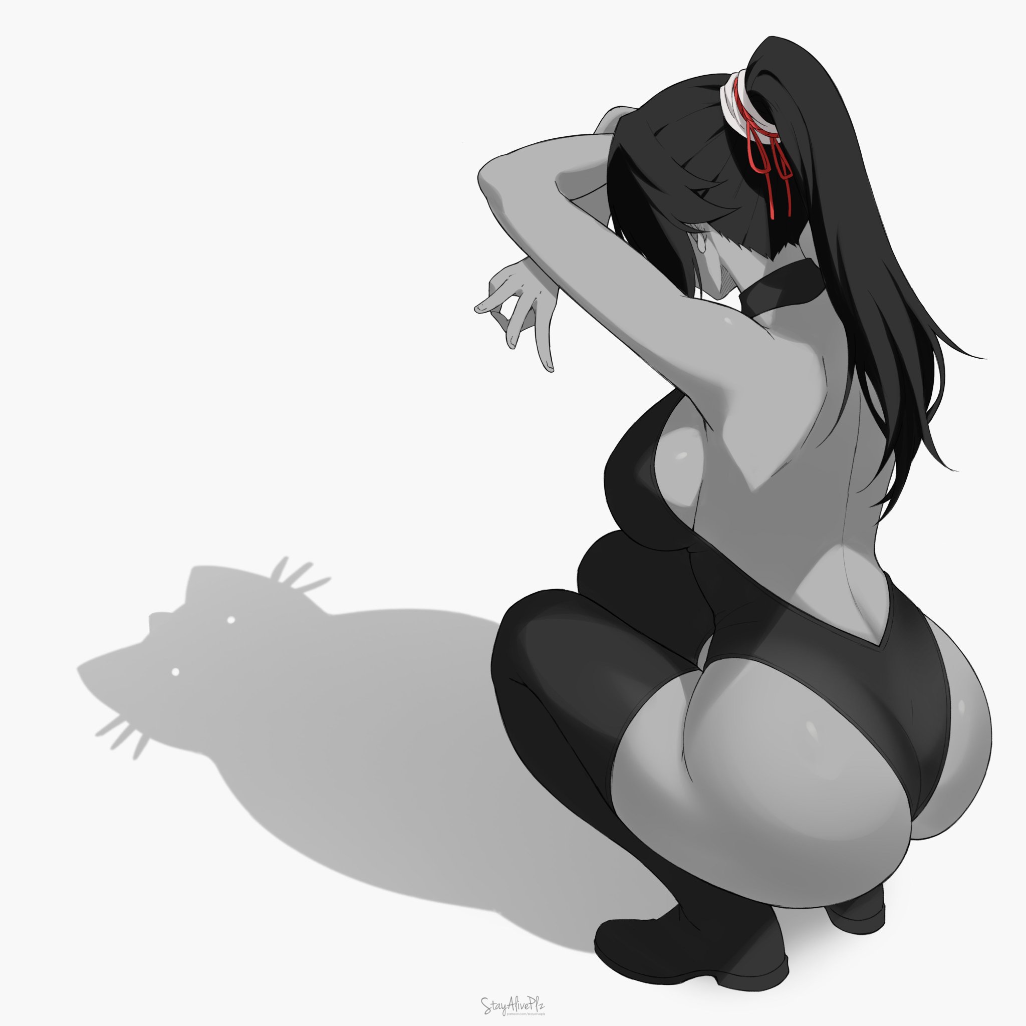 1girls, ass, ass focus, bleach, bleach: the thousand-year blood war, breasts, bubble ass, bubble butt, busty, cat shadow puppet (meme), crouching, curvy, curvy figure, dark skin, dark-skinned female, feline, female, female only, leotard, long hair, meme, ponytail, shadow, shadow puppet, shihouin yoruichi, solo, stayaliveplz