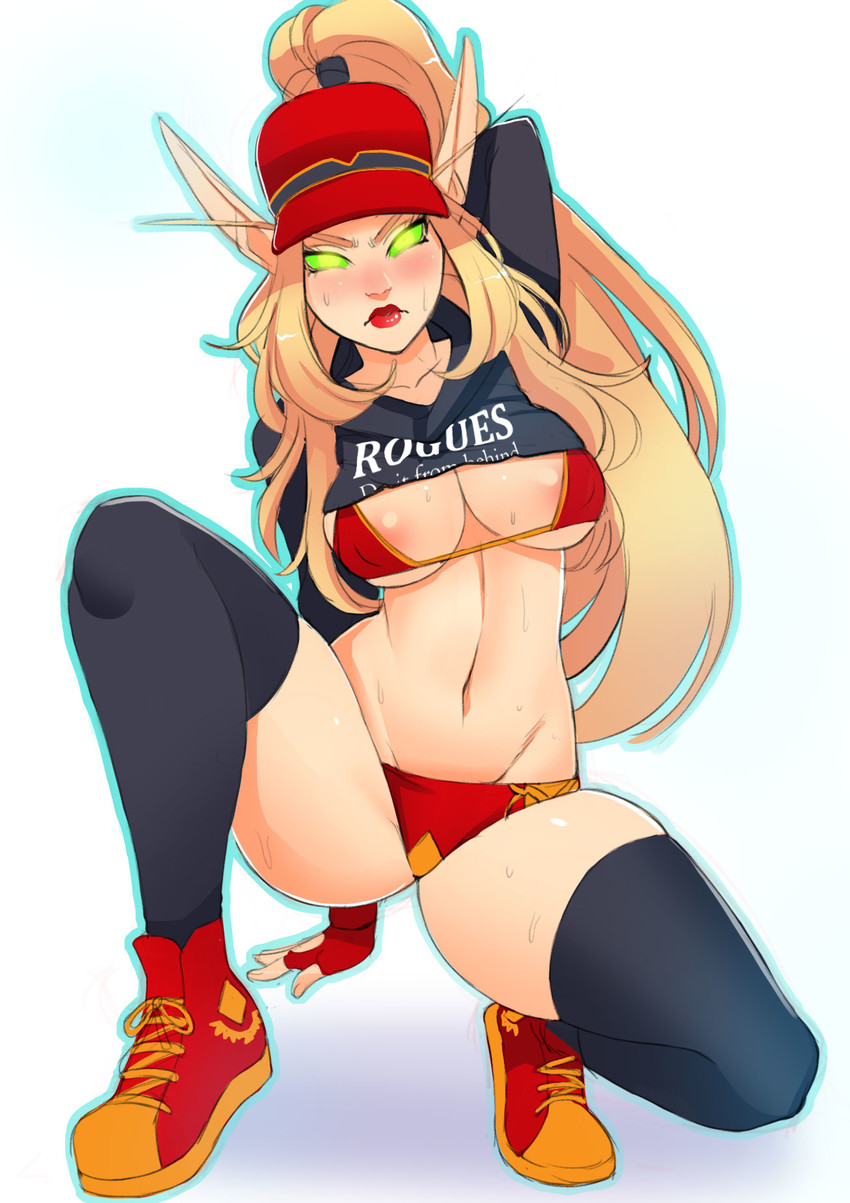 1girls, areola slip, arm up, bikini, bikini bottom, bikini top, blood elf, breasts, cleavage, female, female only, glowing eyes, green eyes, greenmarine, large breasts, looking at viewer, makeup, red bikini, revealing clothes, solo, spread legs, swimsuit, valeera sanguinar, world of warcraft