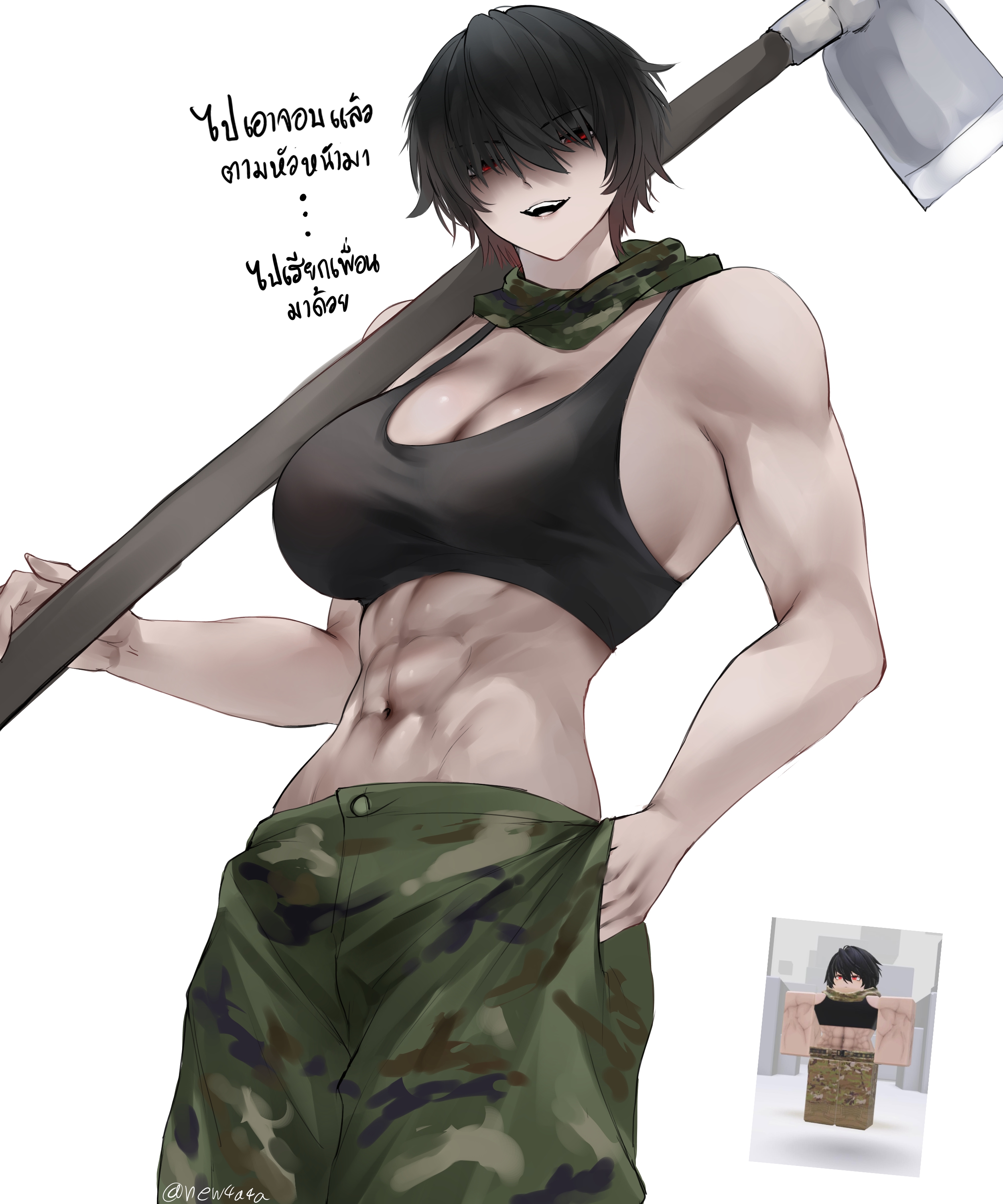 1girls, athletic, athletic female, big breasts, black hair, black tank top, black-haired female, breasts, camo pants, clothed, clothed female, female, female focus, female only, light skin, light-skinned female, muscular, muscular female, new4a4a, pale skin, pale-skinned female, pants, red eyes, reference image, roblox, roblox avatar, robloxian, short hair, short-haired female, solo, solo female, solo focus, tall female, tall woman, tank top, thai text, translation request, twitter username, weapon