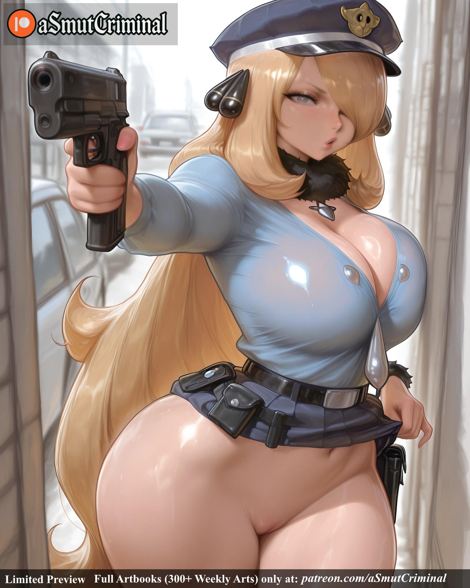 ai_generated aiming aiming_at_viewer asmutcriminal ass belt belt_pouch blonde_hair bottomless breasts choker cleavage clothes_lift cuffs curvy cynthia_(pokemon) female finger_on_trigger fur_collar gun hair_over_one_eye handcuffs handgun hat holding holding_gun holding_weapon holster indoors large_breasts lifted_by_self lips long_hair looking_at_viewer m1911 no_bra no_panties outstretched_arm pistol pointing pointing_at_viewer police police_uniform policewoman pouch revolver shiny shiny_skin skirt skirt_lift smoking_gun solo submachine_gun tagme tan tanlines thick_thighs thighs trigger_discipline very_long_hair walther water_gun weapon wide_hips window