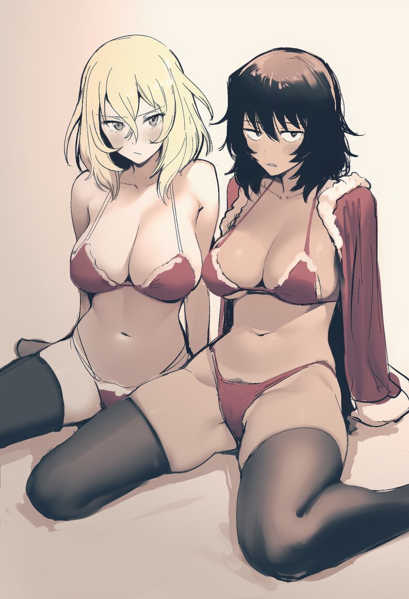 2girls, ai generated, andou (girls und panzer), big breasts, blonde, blonde female, blonde hair, blonde hair female, blonde-haired female, brown hair, brunette hair, christmas, christmas outfit, female, girls und panzer, kobayashi3biker, panties, pubic hair, pubic hair peek, santa hat, schoolgirl, tagme, tagme (character), tanned, tanned body, tanned female, tanned skin, tomboy, underwear