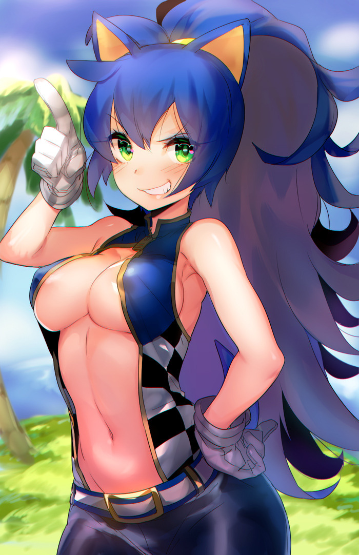 5_fingers ahoge animal_ears belt belt_buckle big_breasts blue_hair breasts female female_only finger_wag gloves green_eyes hair_between_eyes hairband high_ponytail humanized jeans legwear naso4 neck nipples ponytail rule_63 shoulders smile smirk solo solo_focus sonic_(series) sonic_the_hedgehog sonique_the_hedgehog teeth unzipped white_gloves zipper