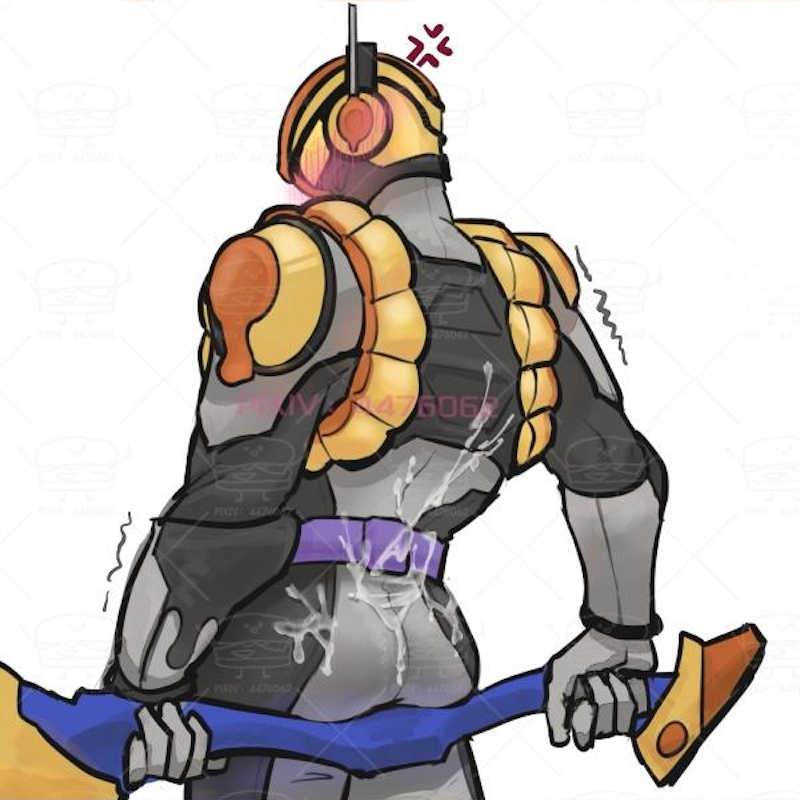 1boy anger_symbol anger_vein armor armored_male ass ass_focus back_view belt blush blush_lines blushing_through_mask bodily_fluids bow bow_(weapon) cum cum_on_back flan heavy_blush helmet kamen_rider kamen_rider_gavv_(series) kamen_rider_vram looking_back looking_back_at_viewer male male_focus male_only mask masked masked_male mmmaao pixiv_id pudding solo spoon tremble_lines tremble_spikes trembling watermark weapon weapon_behind_back yellow_armor