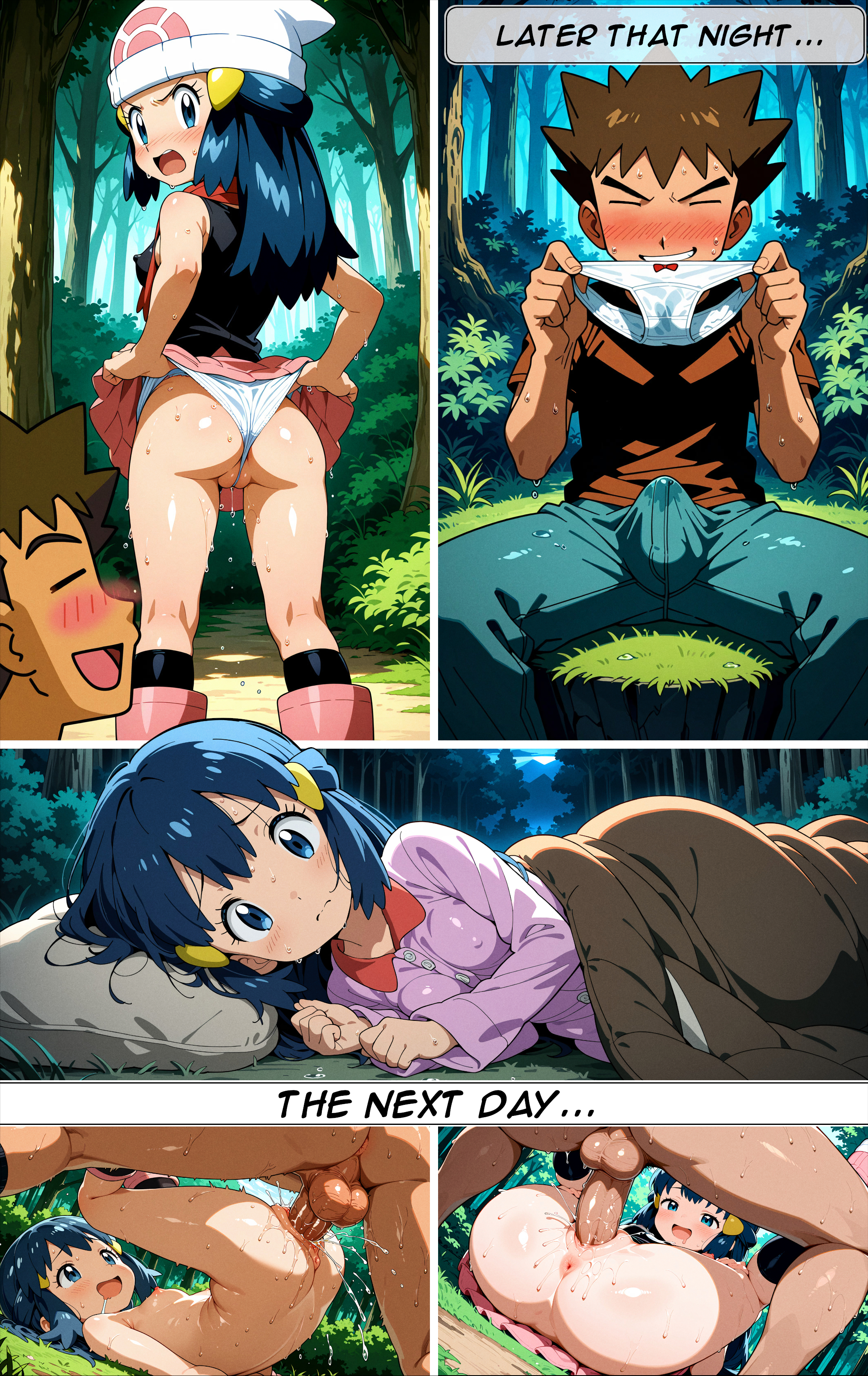 1boy, 1girls, ai generated, angry, angry expression, angry face, anus, beanie, beanie hat, blanket, blue eyes, blue hair, blush, breasts, brock (pokemon), brown hair, buldge, caption, dawn (pokemon), day, daytime, doooof, drooling, embarrassed, erect nipples, erect penis, erection, female, forest, grass, hair ornament, leaf, long hair, lying, lying on side, male, male/female, mating press, nature, night, nightwear, nipples, nude, nude female, outdoor nudity, outdoors sex, pajamas, panels, penis, penis bulge, pillow, pink skirt, pokemon, pokemon (anime), precum, pussy, pussy juice, shaved pussy, skirt, small breasts, sweat, tree, wedgie, wet, worried