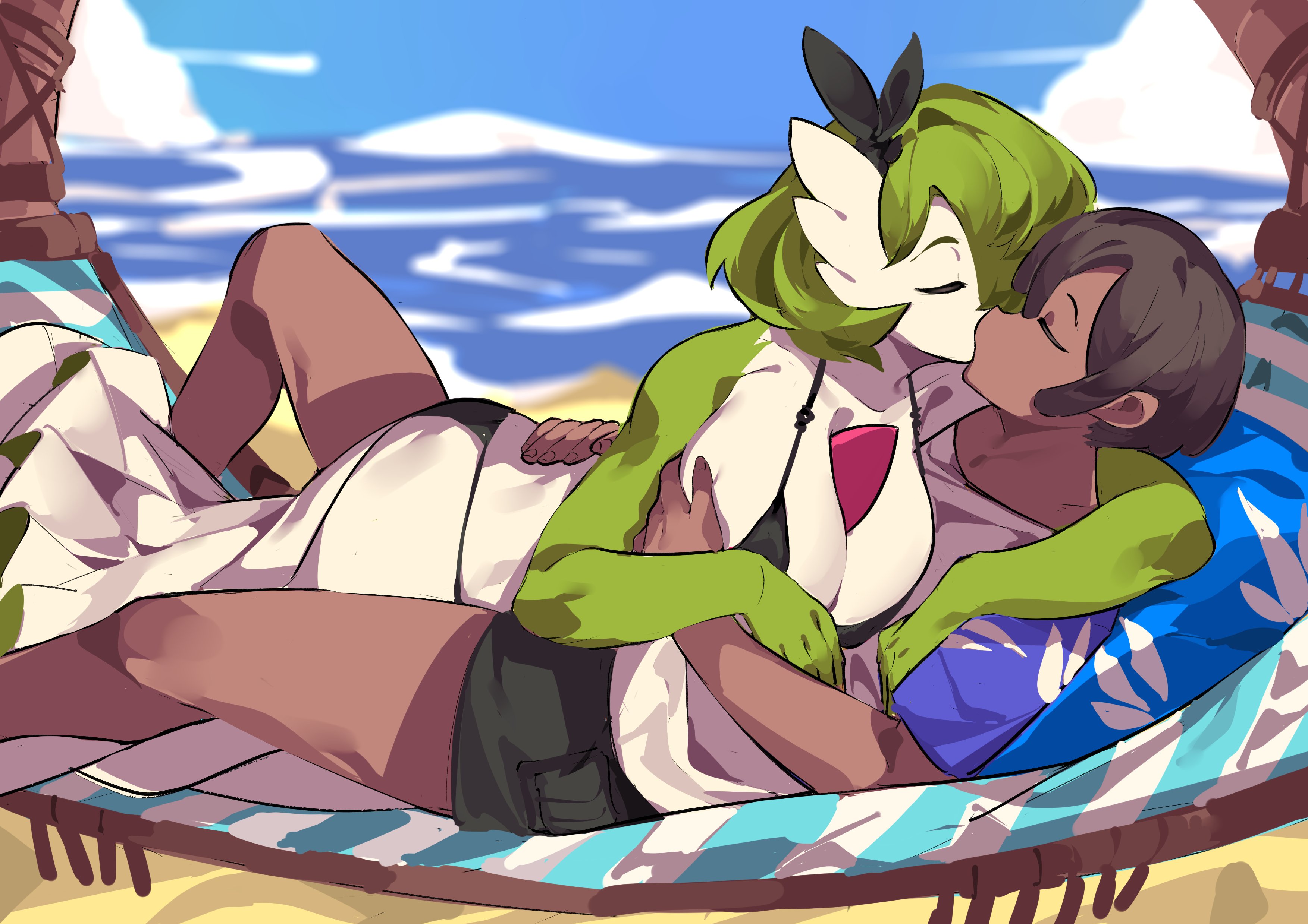 anthro, aspirindabaitu, beach, big breasts, bikini, breasts, cleavage, female, gardevoir, huge breasts, pokemon, pokemon (species), tagme, thick thighs, wholesome, wide hips