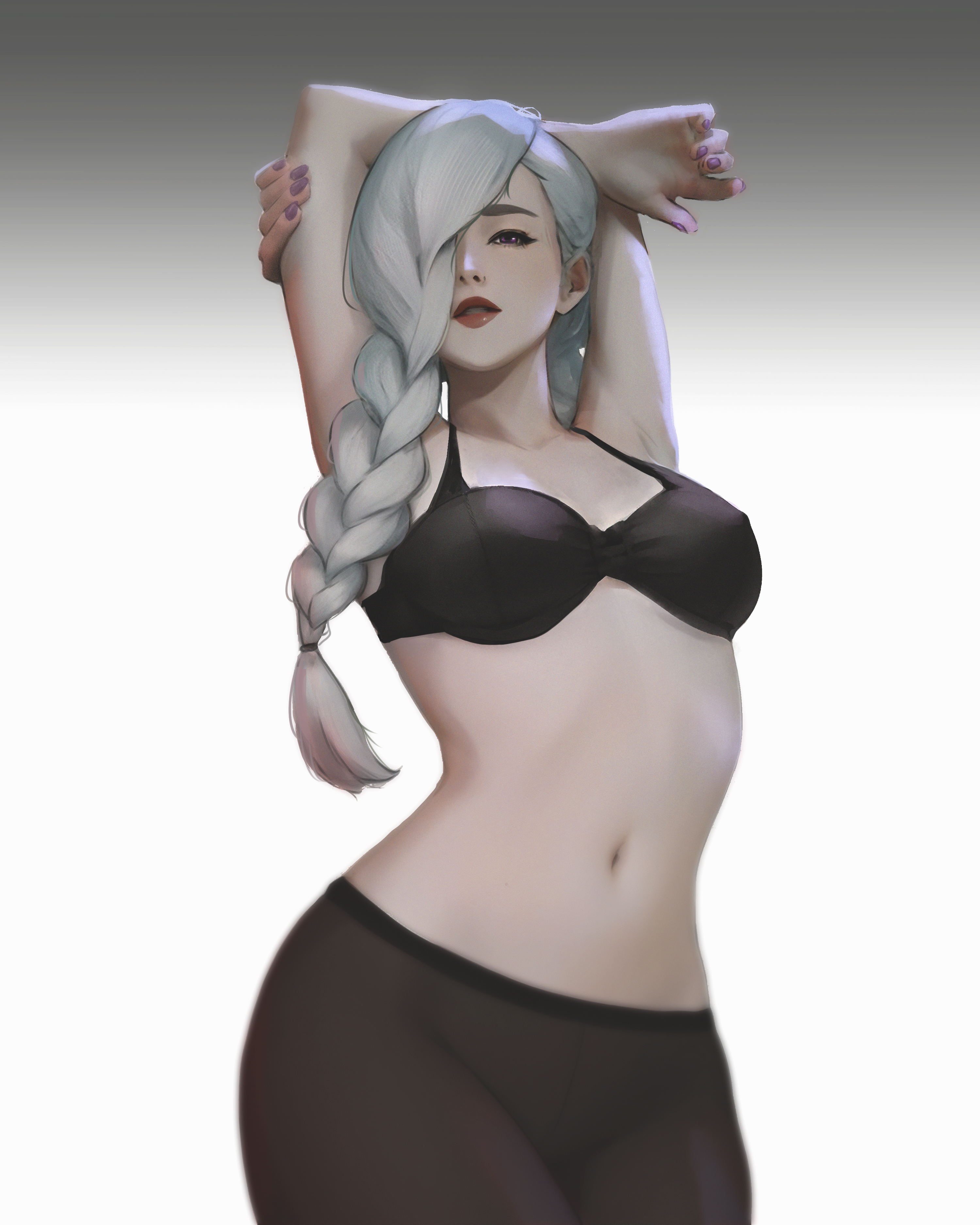 big breasts, breasts, censored, curvy figure, female, female focus, female only, hair over one eye, jujutsu kaisen, lens flare, meemo.psd, mei mei (jujutsu kaisen), navel, patreon, purple eyes, thighs, thin waist, voluptuous, voluptuous female, waist, white background, white hair