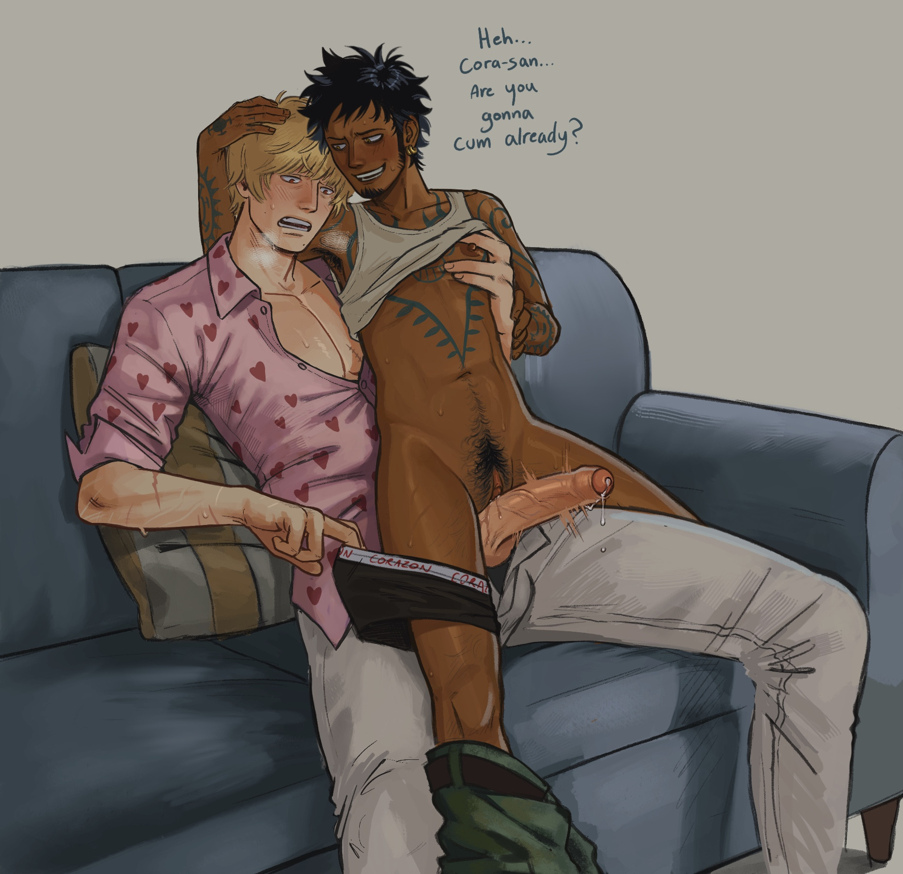 1boy, 1cuntboy, armpit hair, big penis, black hair, blonde hair, blush, breath, chest tattoo, clitoris, cuntboy, dark skin, dark-skinned cuntboy, donquixote rosinante, english text, erect clitoris, erection, facial hair, foreskin, genderswap, genderswap (mti), goatee, grinding, grinding on penis, hand on another's head, happy trail, huge penis, interracial, interracial cuntboy, intersex, light skin, light-skinned male, long sideburns, male, male on cuntboy, mti crossgender, one piece, pants down, partially retracted foreskin, pec grab, penis, penis out, precum, precum drip, pubic hair, pussy, retracted foreskin, rule 63, scars, shirt up, sideburns, sleeves rolled up, smile, sofa, splunkydunk, sweat, tattoo, tattoos, teasing, trafalgar law, uncensored, uncircumcised