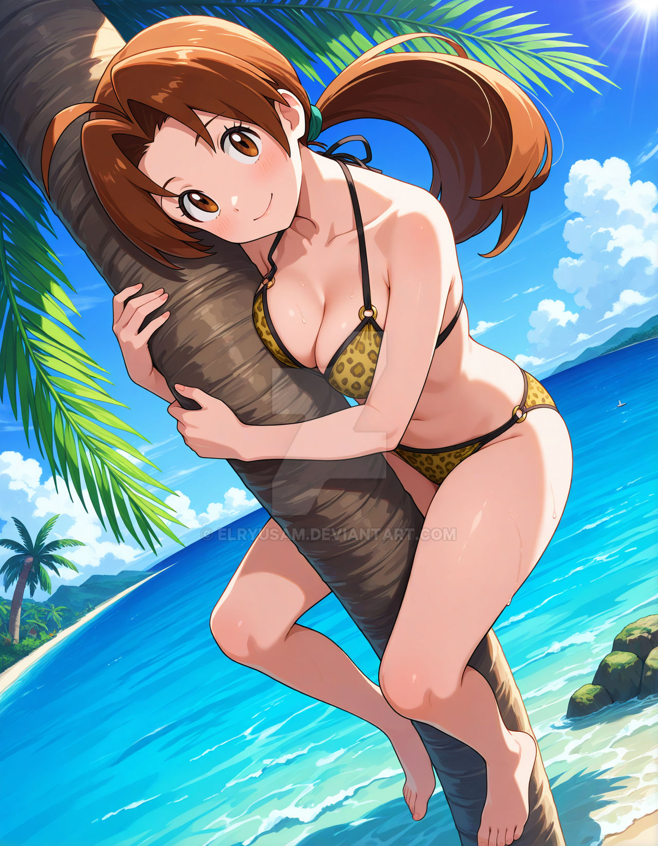 2025 4kids_entertainment ai_generated anime beach belly brown_eyebrows brown_eyes brown_ponytail climbing_tree delia_ketchum_(pokemon) deviantart elryusam looking_at_viewer meta nintendo not_porn pink_cheeks pokemon smile_at_viewer smiling_at_viewer tiger_bikini tummy wet_bikini wet_body wet_skin