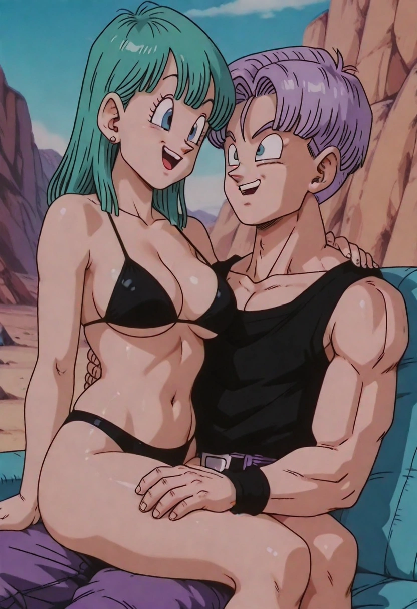 1boy 1girls ai_generated big_breasts bikini black_bikini black_swimsuit breasts bulma_briefs cleavage dragon_ball dragon_ball_z female jorenran lifeless_eyes male mother_and_son navel swimsuit trunks_briefs