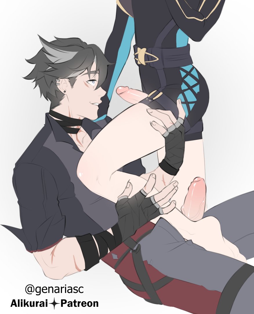 2boys, age difference, alikurai, before sex, circumcised, daddy, foreplay, foreskin, freminet (genshin impact), gay, genariasc, genshin impact, glans, grabbing thighs, hunk, male, male focus, male only, penis, revealing clothes, scar, size difference, teasing, tight clothing, twink, uncircumcised, wriothesley (genshin impact)