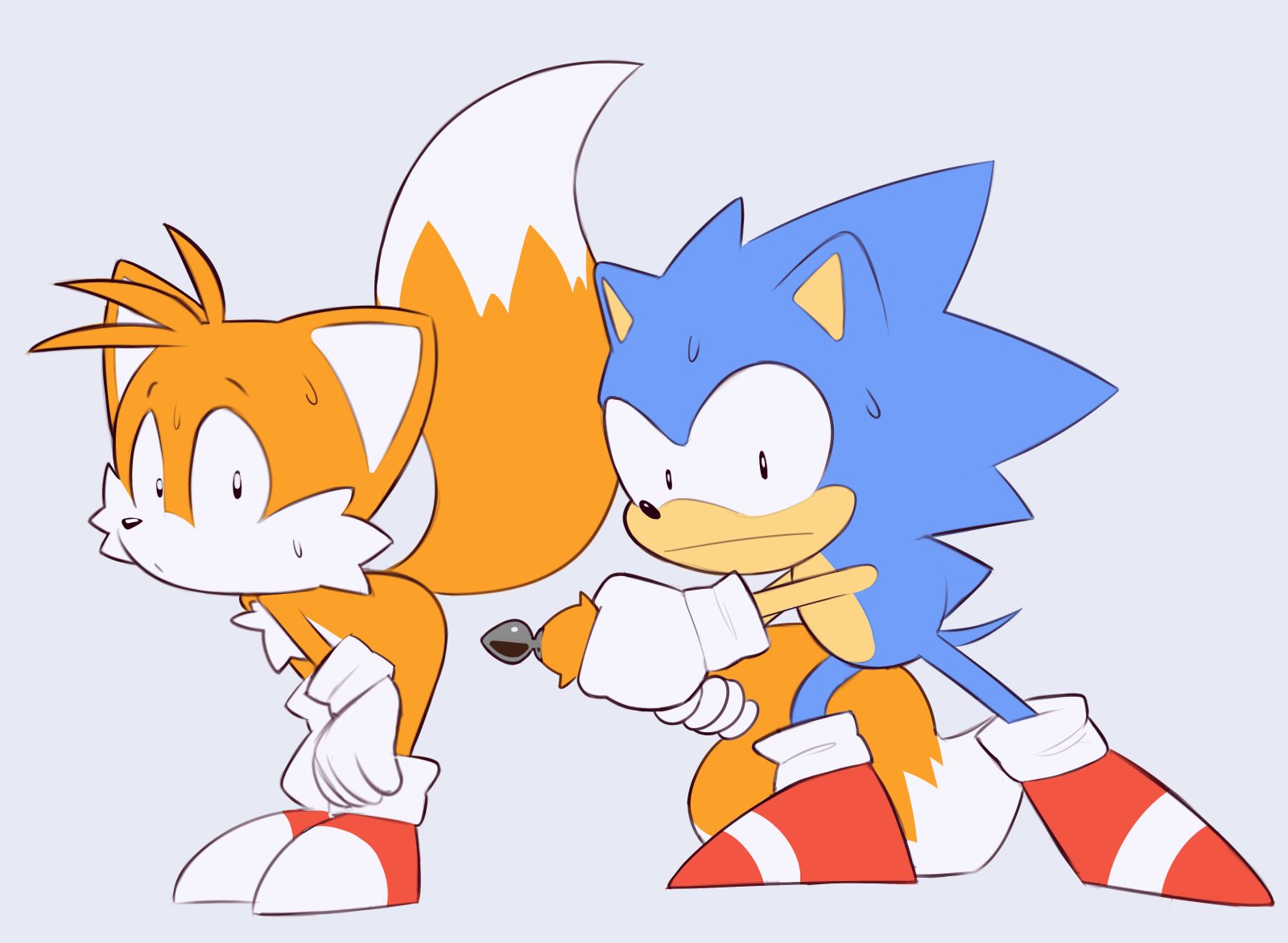 2025, 2boys, anal plug, anthro, black eyes, black nose, blue body, blue fur, bodily fluids, buttplug, buttplug pull out, buttplug tail, canid, canine, caught off guard, cheek tuft, classic sonic, classic tails, clothing, dipstick tail, duo, eulipotyphlan, facial tuft, fake tail, footwear, fox, fur, furry, gay, gloves, hands on knees, hands on legs, handwear, handwear and footwear only, hedgehog, hi res, humor, leaning, leaning forward, looking at viewer, male, mammal, markings, meme, multicolored body, multicolored fur, payanuma, plug (sex toy), raised tail, red clothing, red footwear, red shoes, sega, sex toy, shocked, shoes, simple background, socks, sonic (series), sonic the hedgehog, sonic the hedgehog (series), standing, sweat, tail, tail markings, tails, tails the fox, tan body, tan fur, tan inner ear, tuft, white background, white body, white clothing, white footwear, white fur, white gloves, white handwear, white inner ear, white socks, yellow body, yellow fur