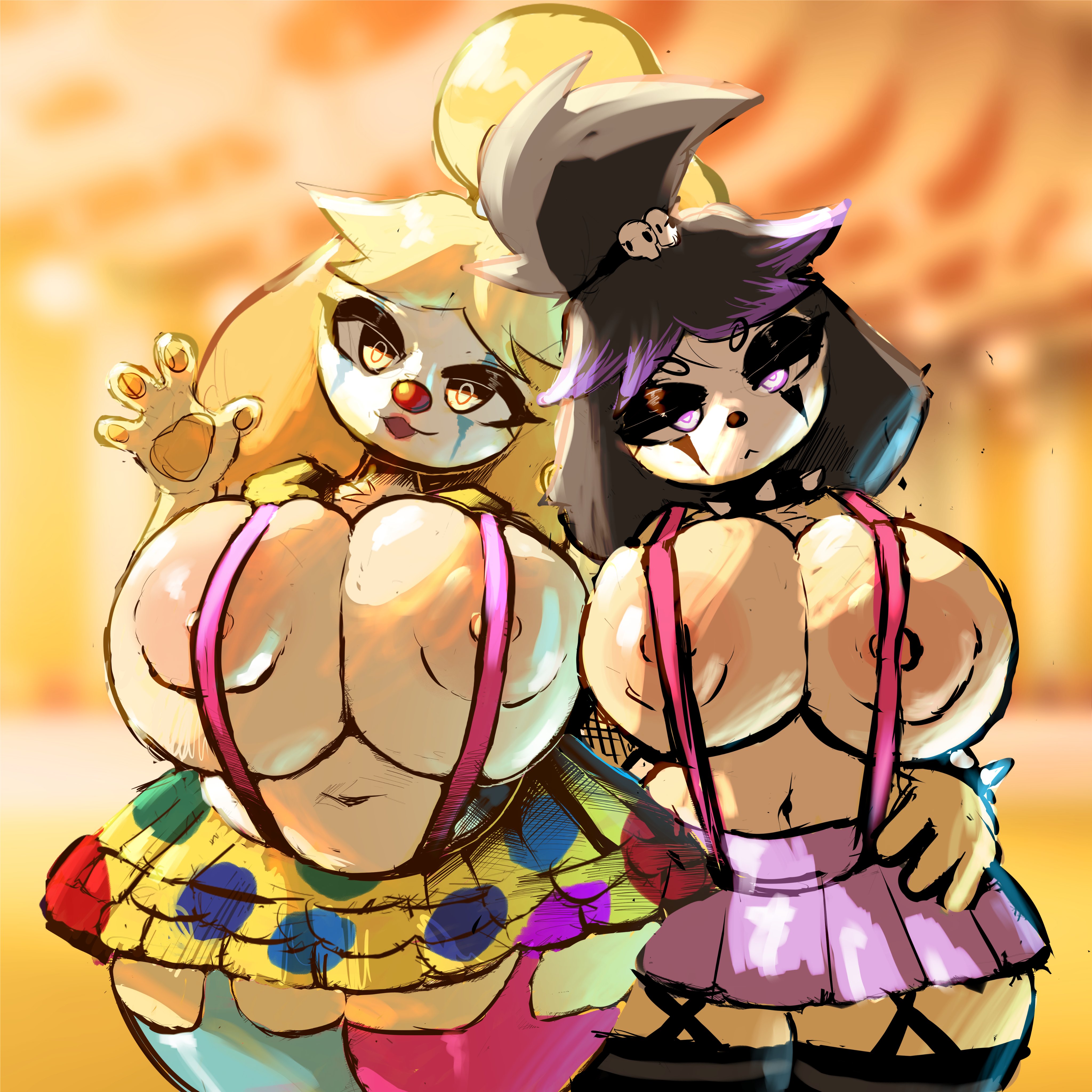 2anthro, 2girls, 4 fingers, animal crossing, anthro, anthro only, big breasts, black hair, blonde female, blonde hair, blurred background, breast bigger than head, breasts, canine, canine humanoid, clone, clown, clown girl, clown makeup, collar, dog girl, female, female only, frown, frowning at viewer, goth, goth clown, goth version, gothabelle, hand on hip, hourglass figure, hourglass figured female, huge breasts, isabelle (animal crossing), large breasts, makeup, nemiyakii, nintendo, nipples, polka dot, polka dot skirt, same girl, side to side, simple background, skirt, slightly chubby, slightly chubby anthro, slightly chubby female, smiling, smiling at viewer, spiked collar, spiky hair, suspenders, suspenders on breasts, thighhighs, top heavy, voluptuous, voluptuous female, waving at viewer, yellow eyes