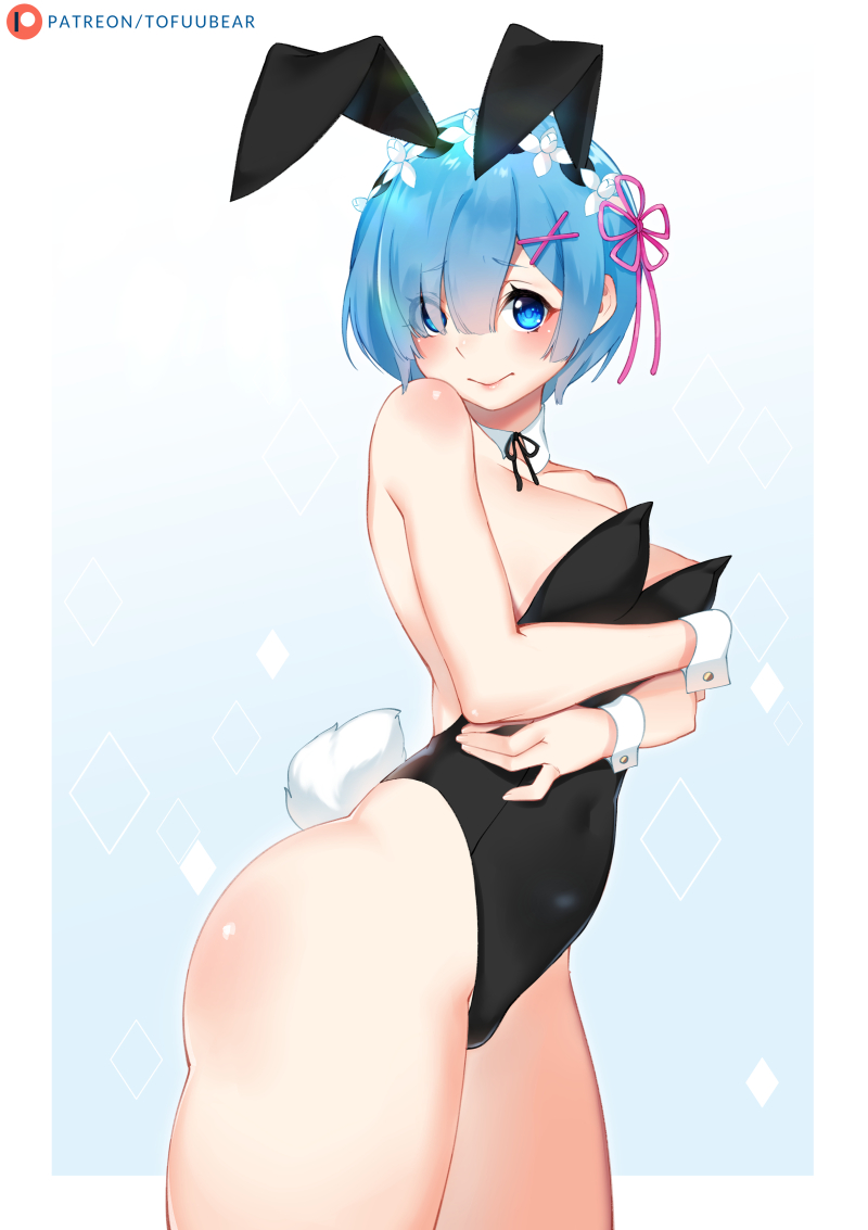 breasts, bunny ears, bunny girl, bunnysuit, cleavage, female, female only, leotard, looking at viewer, re:zero kara hajimeru isekai seikatsu, rem (re:zero), solo, tofuubear