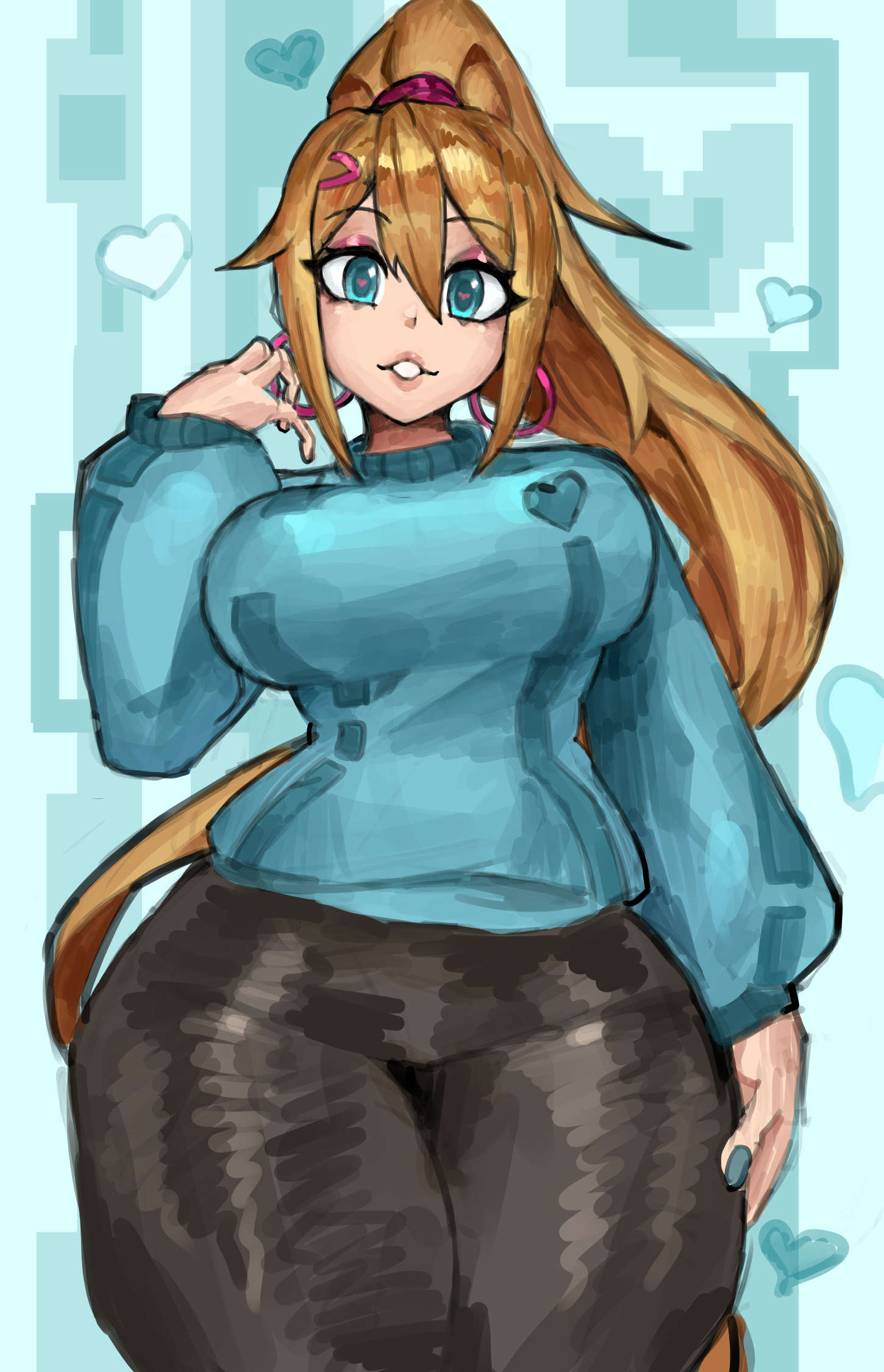 1girls ass blonde_hair blue_eyes blue_nails earrings eyeshadow female hand_on_breast hand_on_hip heart-shaped_pupils hip_grab hips long_hair looking_at_viewer looking_down metroid nintendo painted_nails ponytail saiykik samus_aran sweater thick_ass thick_thighs thighs white_skin zero_suit_samus