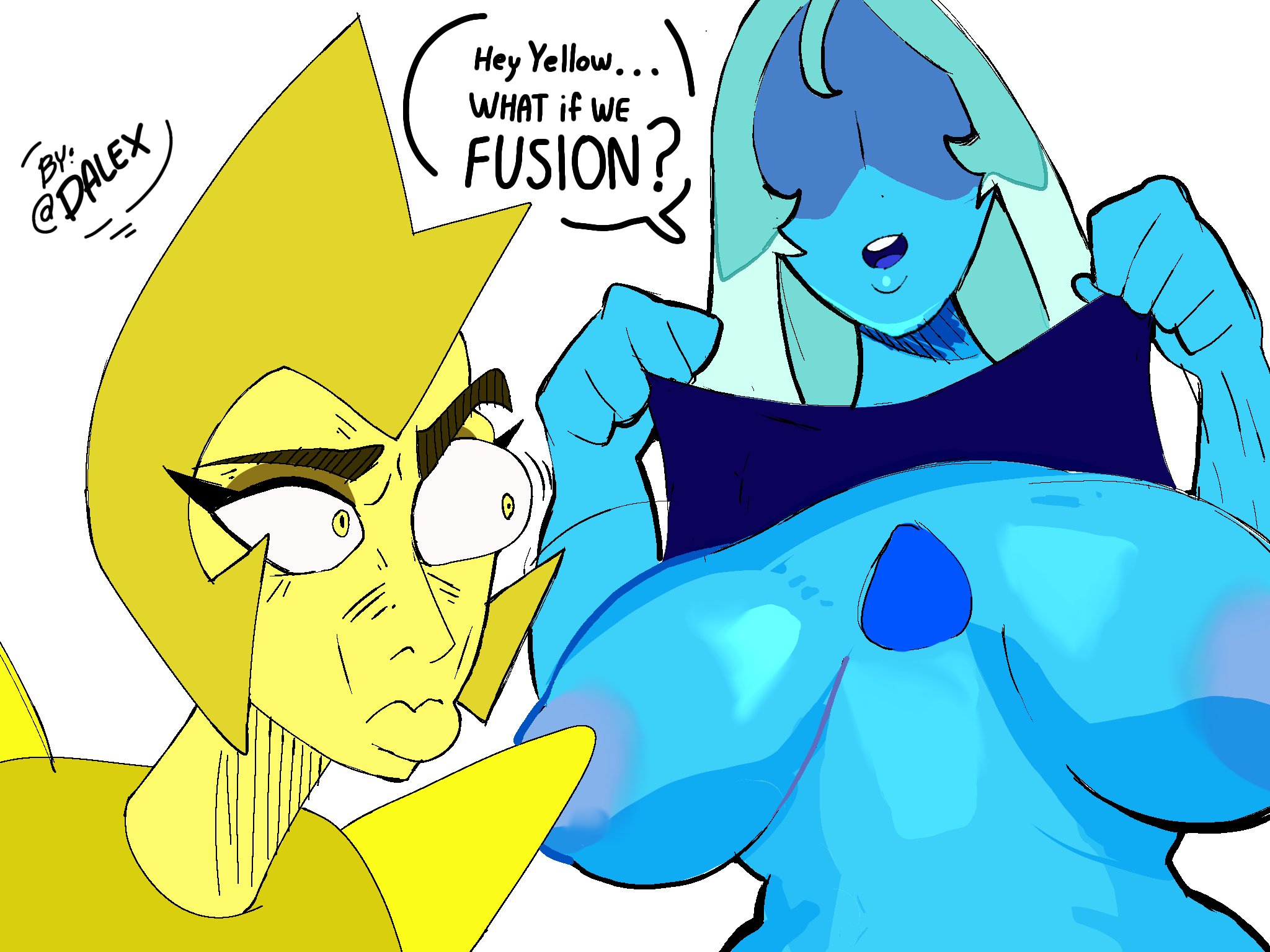 2girls, areolae, areolae slip, big breasts, blue breasts, blue diamond (steven universe), blue hair, blue skin, breasts, cartoon network, cleavage, convenient censoring, dalexnormal, diamond (gem), dnormal11, english text, female, gem (species), jojo reference, long hair, no eyes, steven universe, yellow diamond (steven universe), yellow eyes, yuri