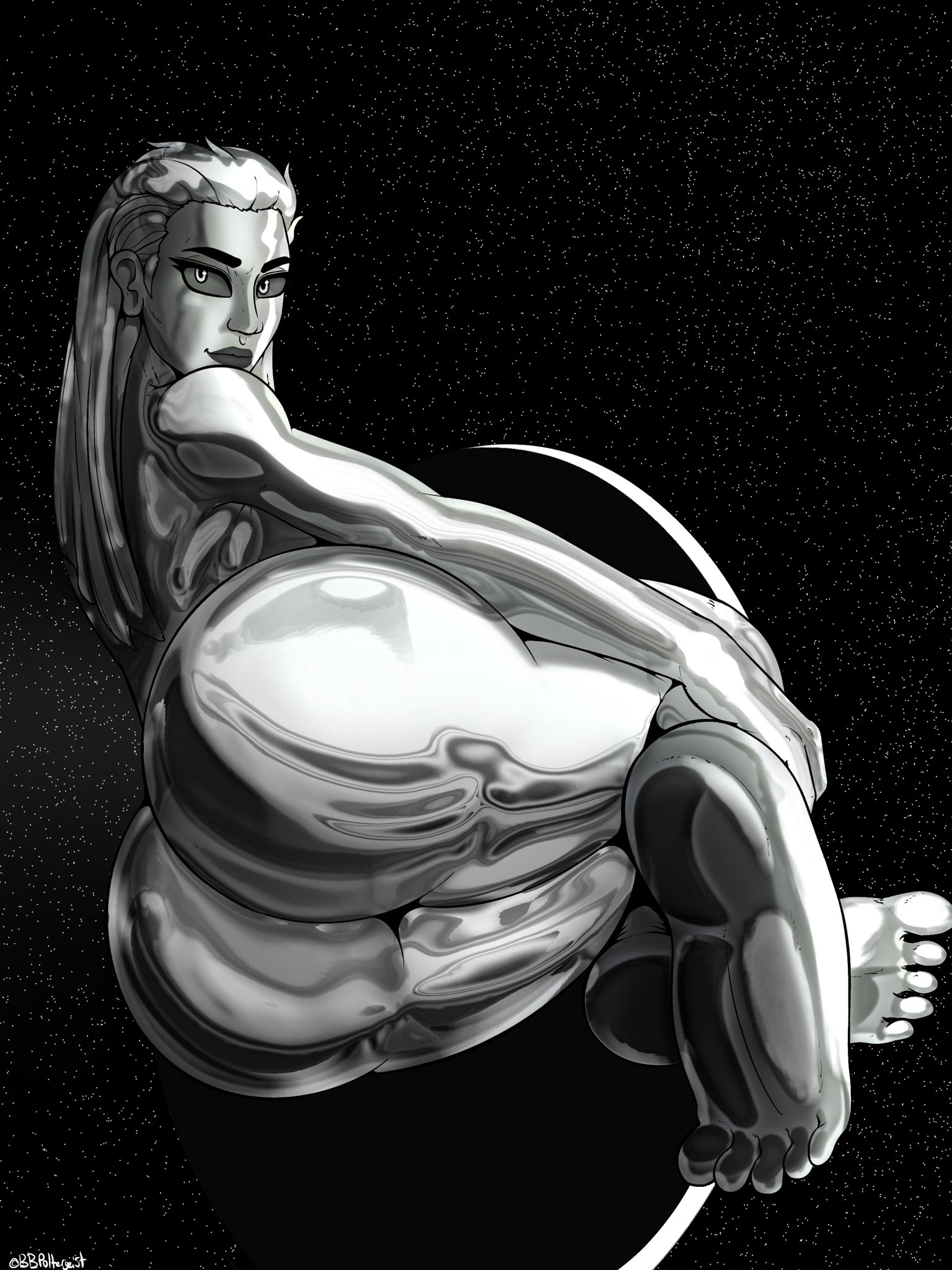 1girls, 2d, alien, alien girl, ass, ass focus, b b poltergeist, background, barefoot, big ass, black background, color, fantastic four, feet, female, female focus, female only, from behind, grey sclera, hair, huge ass, long hair, looking at viewer, looking back, lyng, marvel, marvel cinematic universe, marvel comics, on side, rear view, shalla-bal, shiny, shiny hair, shiny skin, silver body, silver surfer, silver surfer (shalla-bal), simple background, sliver eyes, sliver hair, solo, solo female, solo focus, space, straight hair, superheroine, surfboard, thick, thick ass, thick thighs, thighs