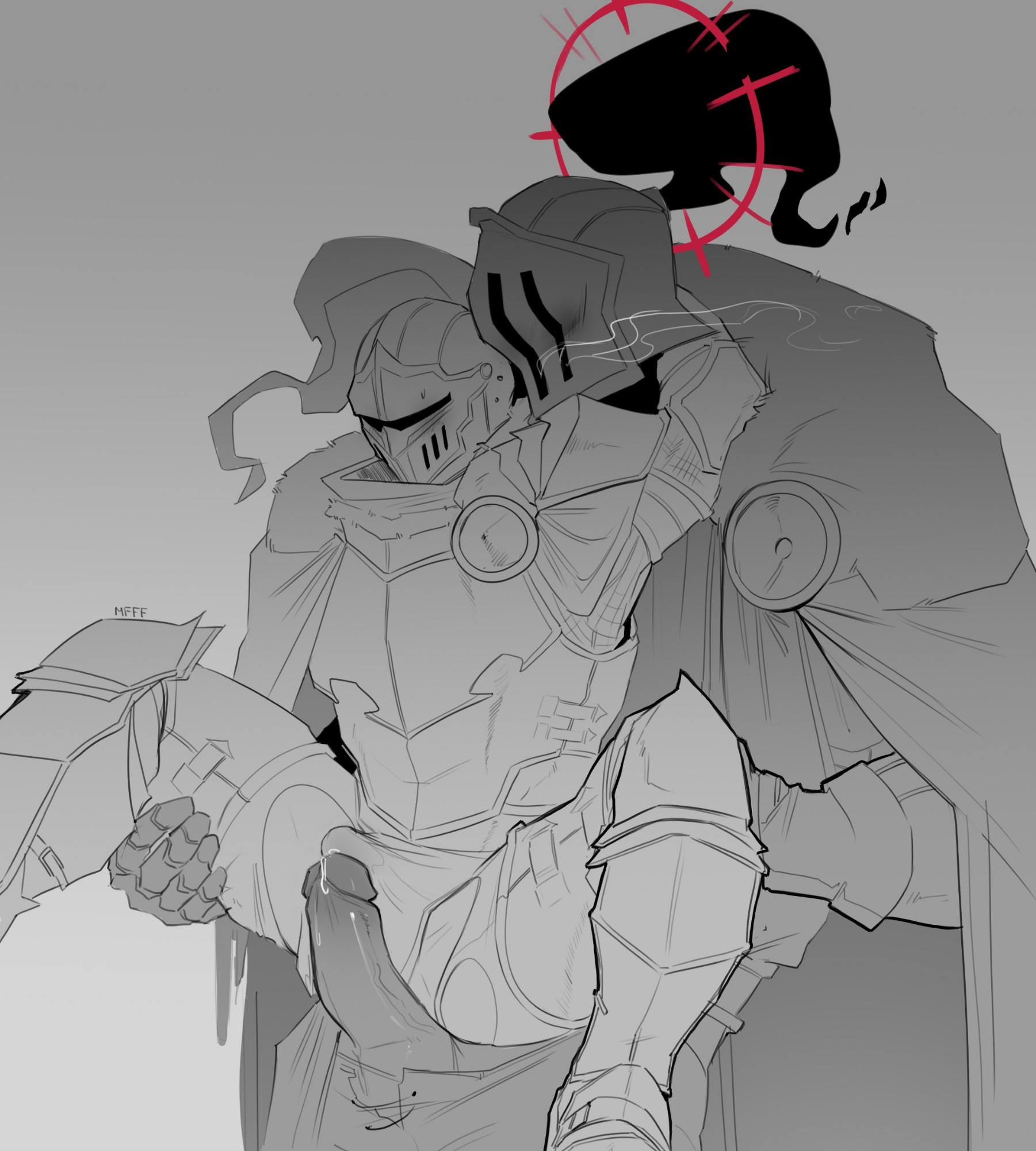2025, 2boys, armor, armored, armored dress, armored gloves, bulge, bulge through clothing, cape, carrying, carrying another, carrying partner, carrying person, carrying position, clothed, clothed male, clothed male clothed male, erect, erect penis, erection, erection under clothes, gay, gay domination, gay male, gay sex, halo, height difference, helmet, helmet covering face, helmet over eyes, helmet with visor, holding head, holding legs, imminent anal, imminent penetration, imminent sex, knight, knight armor, knight helmet, male, male focus, male only, male/male, mask, masked, masked male, mefff, monochrome, oc, original character, original characters, penis, penis out, precum, size difference