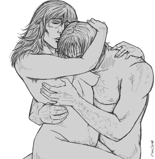 1boy, 1girls, aftercare, anya (mouthwashing), arm around head, arm around partner, arm hair, armpit hair, bee cognito, body hair, closed eyes, embrace, embracing, female, hairy armpits, hand on waist, head on chest, hugging, hugging partner, jimmy (mouthwashing), male, monochrome, mouthwashing, mouthwashing (game), pubic hair, sitting on lap, tasteful nudity, white background